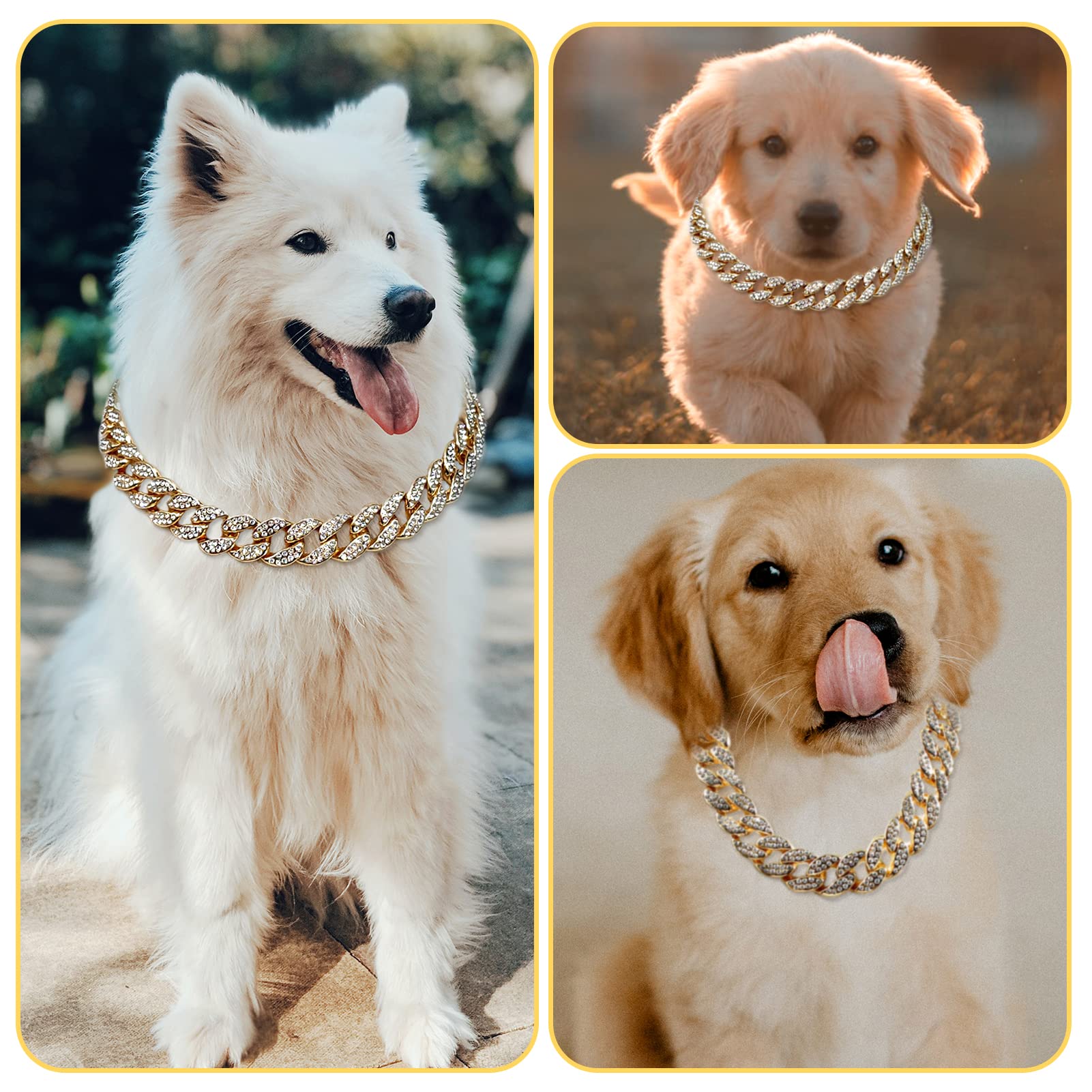 Flatfoosie Gold Dog Chain Collar Diamond Cuban Link Durable Dog Chain Collar For Outside Walking Secure Buckle Dog Gold Chain For Small Medium Large Dogs Cats (22Inch, Gold)