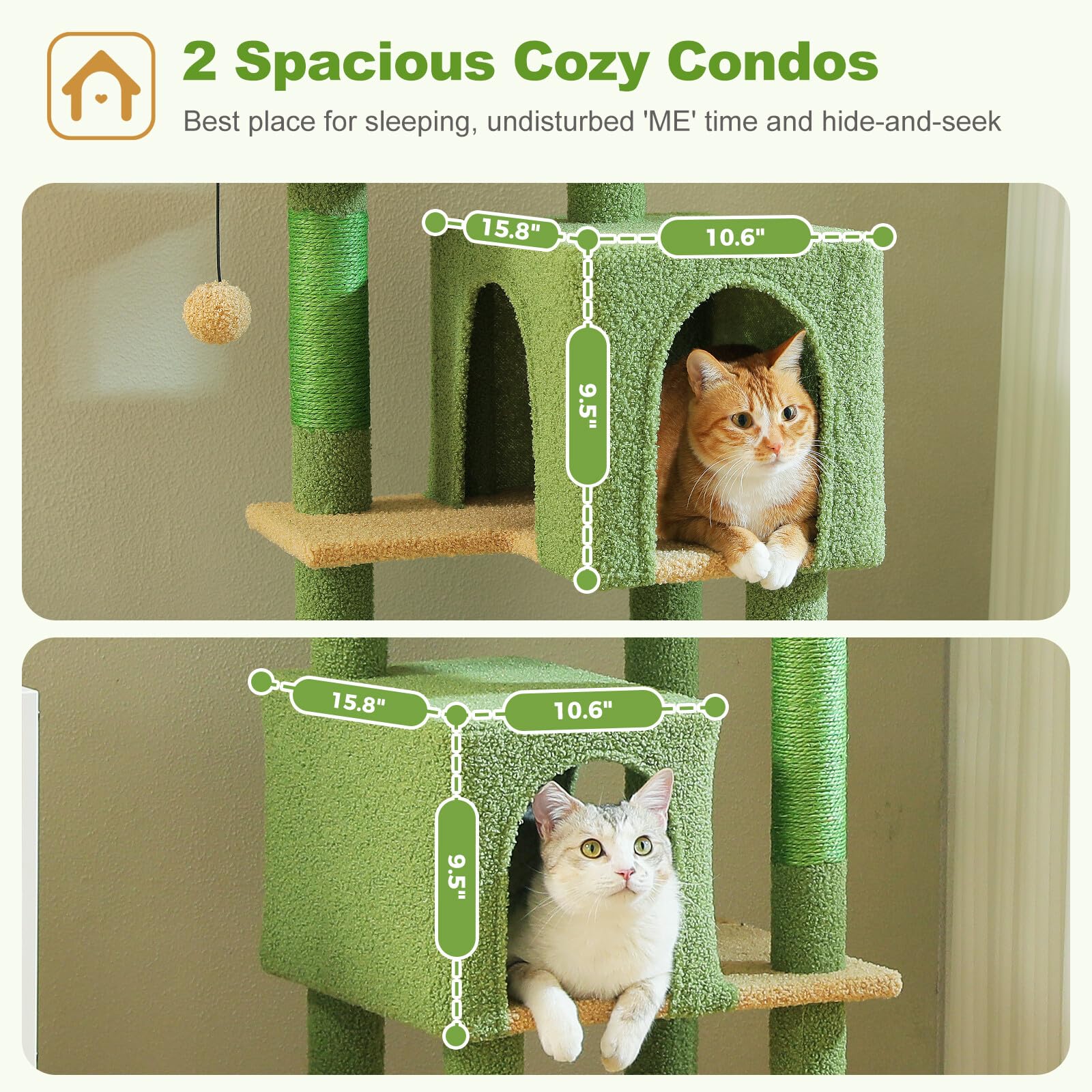 Uymi Cactus Cat Tree For Indoor Cats, 62'' Multi-Level Cat Tower With 2 Spacious Condos, Scratching Pad, 4 Cat Scratching Posts,