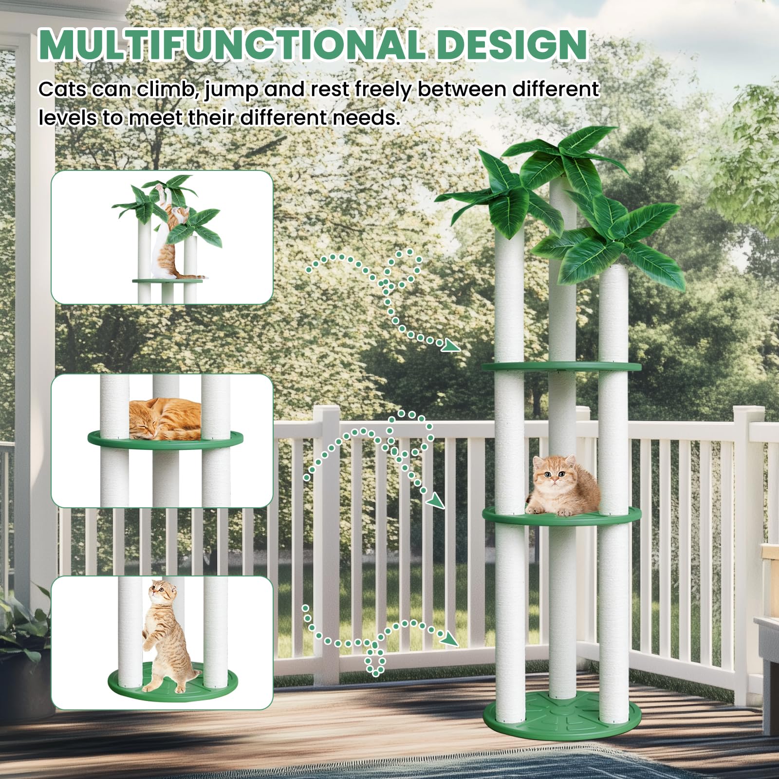 MAOHEGOU 68 inch Waterproof cat Tower, Cylindrical Outdoor cat Tree with Green Leaves,Plastic Board and cat Scratching Post,Used