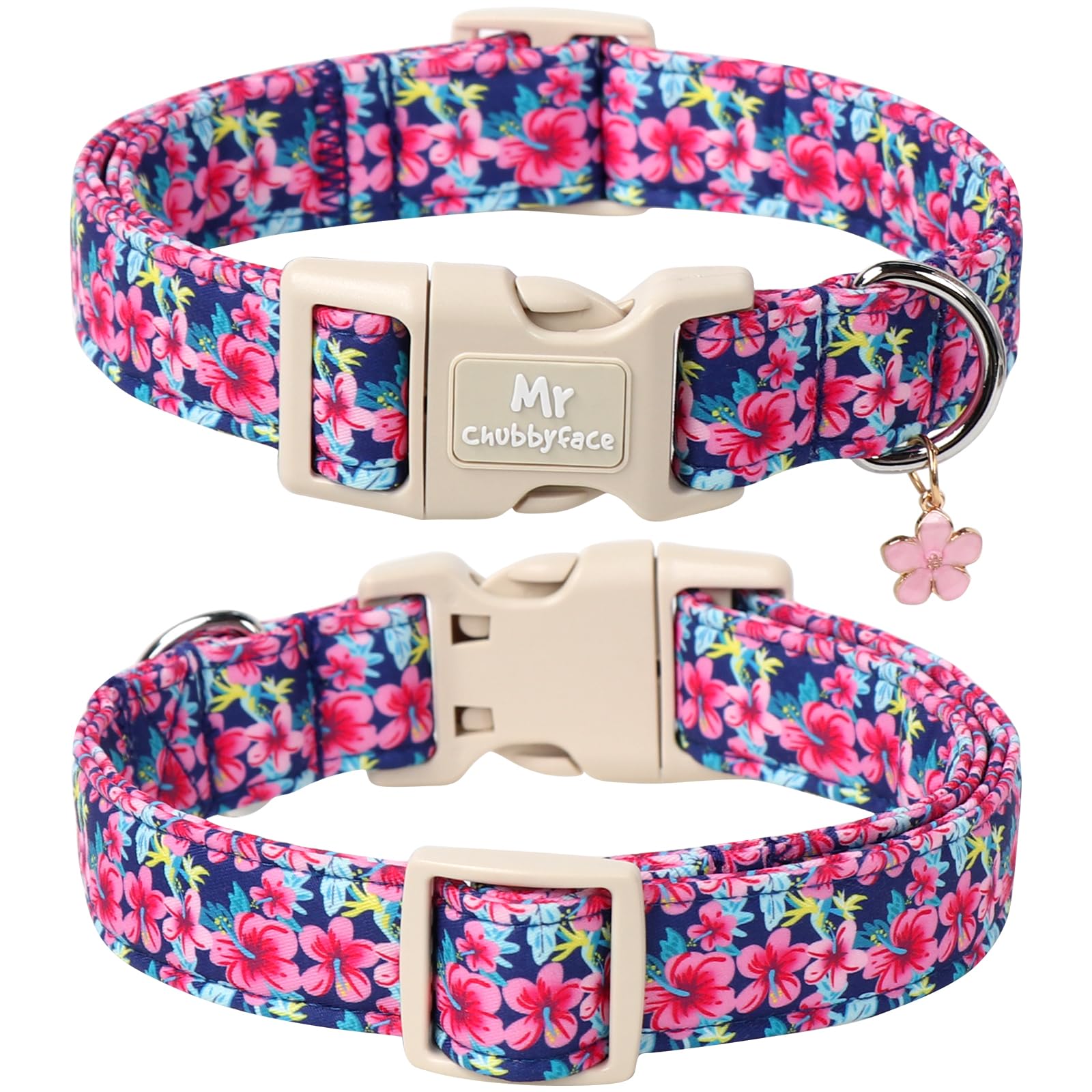 Mr.Chubbyface Spring Summer Dog Collar, Cute Pink Floral Dog Collars With Plastic Buckle, Light Adjustable Durable Pet Collar Fo