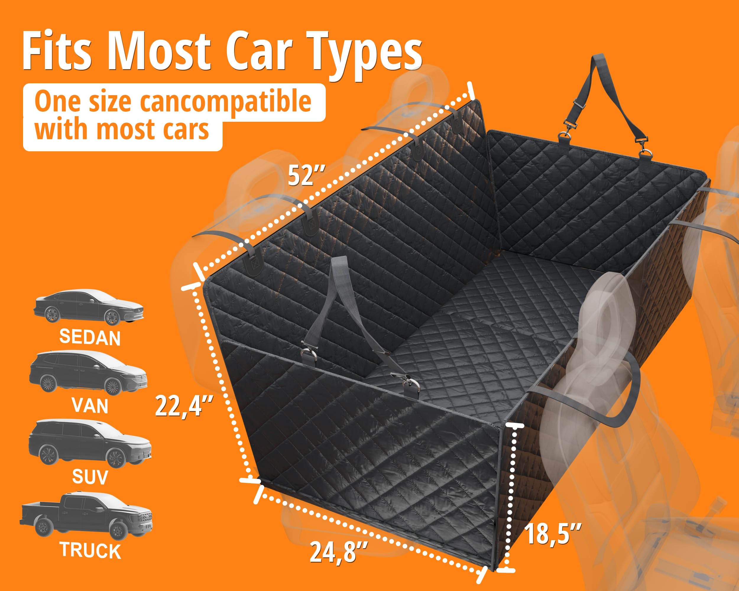 Dog Car Seat Cover For Back Seat - Waterproof Pet Hammock, Car Dog Bed & Back Seat Extender, Scratch-Resistant Seat Protector Fo