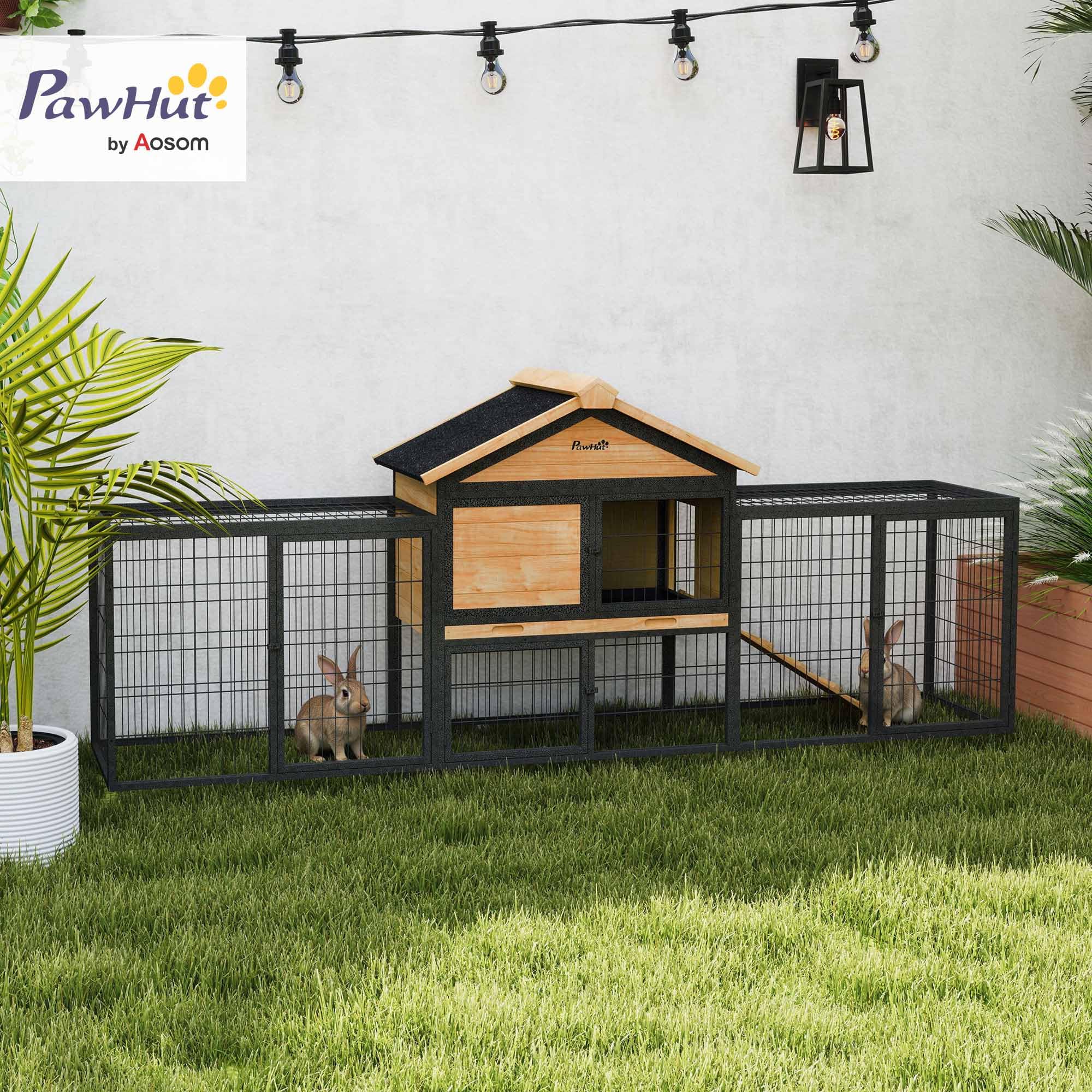 Pawhut Rabbit Hutch Outdoor, 85'' Large Wooden Bunny Cage With Steel Run, Removable No Leakage Tray, Waterproof Roof, Ramp, Meta