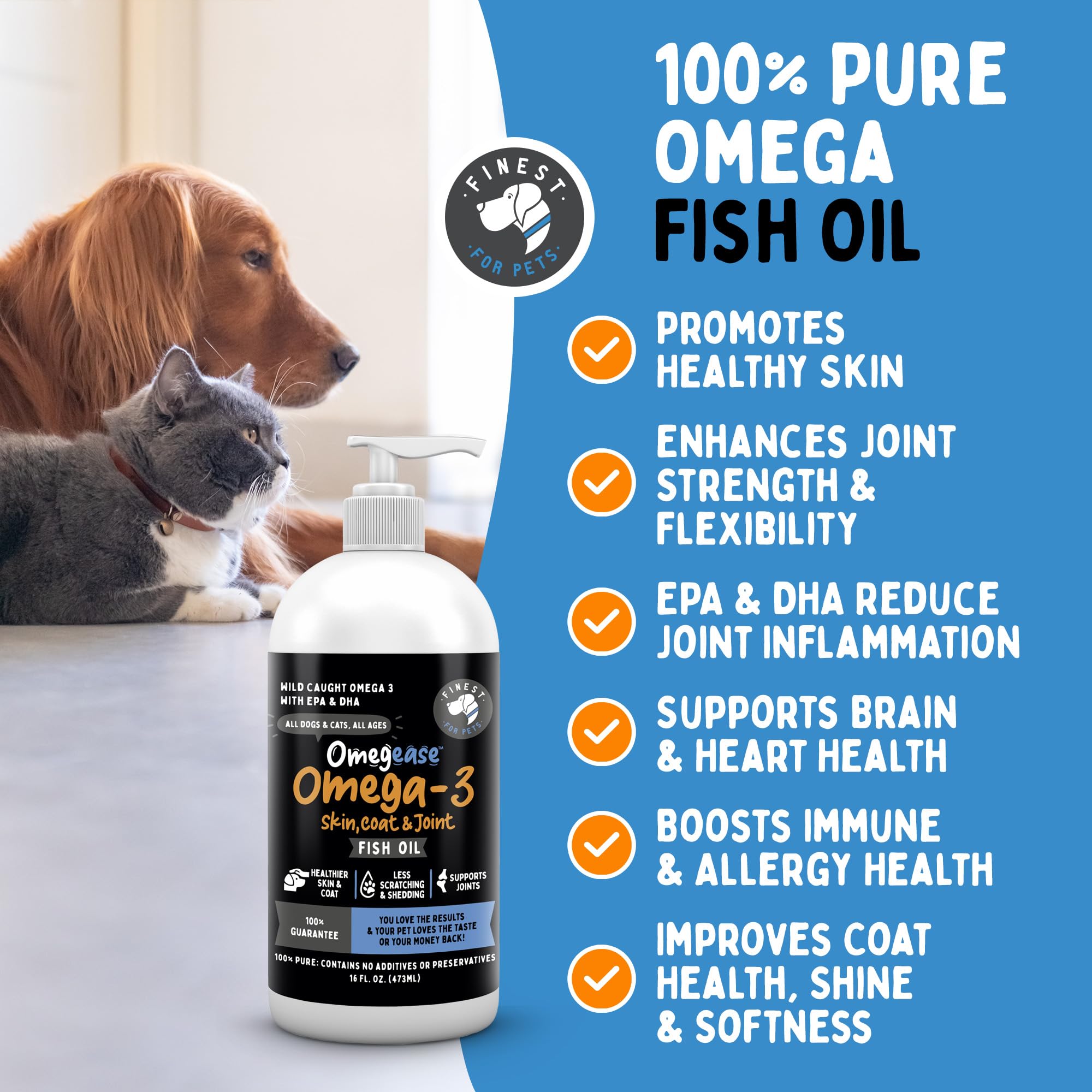 Finest For Pets Omega 3 for Dogs & Cats - 16oz Pure Fish Oil with 1,545mg Omega-3, EPA & DHA for Joints, Skin, and Immune Health