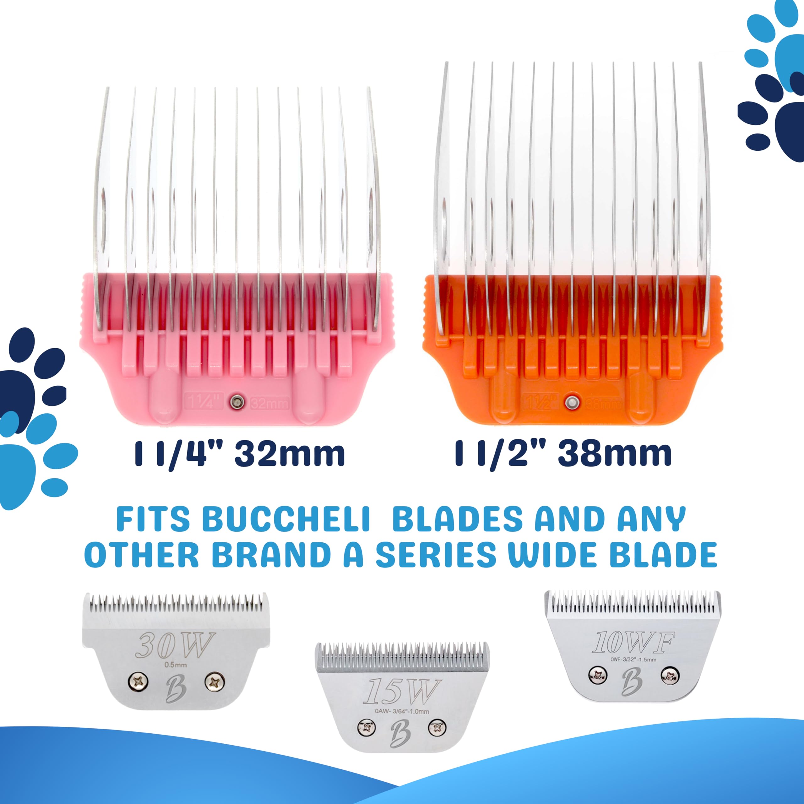 Bucchelli Wide Clipper Guard Attachment Set - 3Pcs (30w, 32mm, 38mm) - Stainless Steel for A5 Series Dog Grooming Clippers
