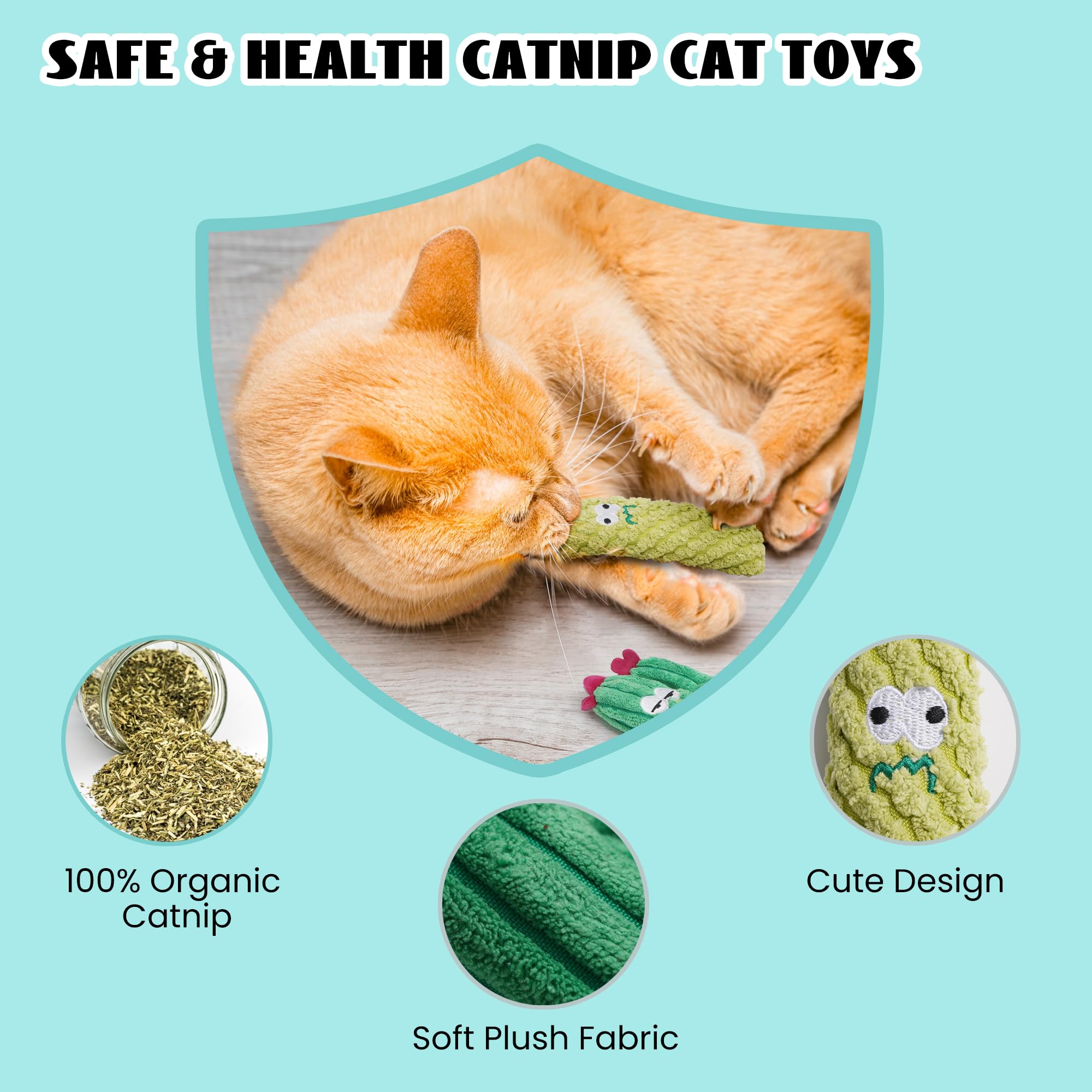 5 Pack Cactus Catnip Toys, 100% Pure Organic Catnip Filled Toys For Indoor Cats, Interactive Plush Chew Fun Without Cotton, Teet