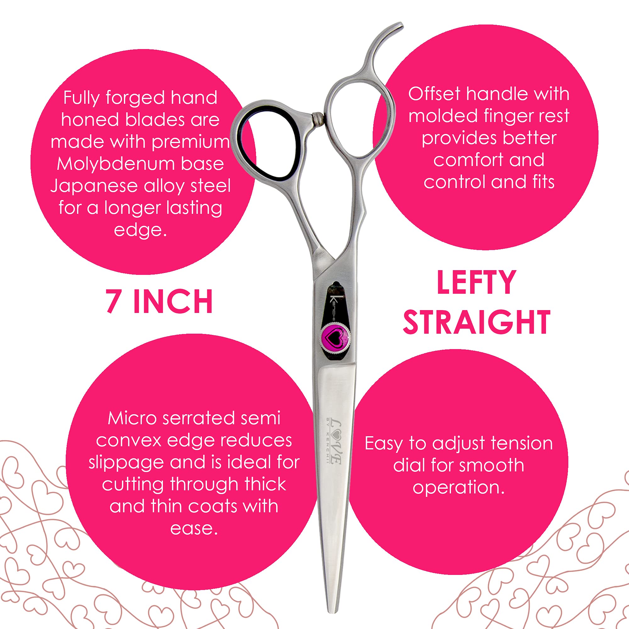 Kenchii Left Handed Dog Grooming Scissors | 7 Inch Shears | Straight Scissors For Dog Grooming | Love Collection Dog Shears | Pet Grooming Accessories | Pet Hair Trimming Scissor