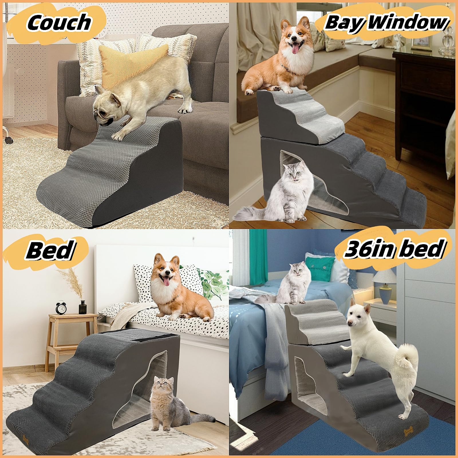 7-Step Dog Stairs For 36 Inch High Beds Small Dogs, Pet Ramp Stairs 20-42 Inch Couch Bed, Non-Slip Balanced Stairs 75Lbs For Sma