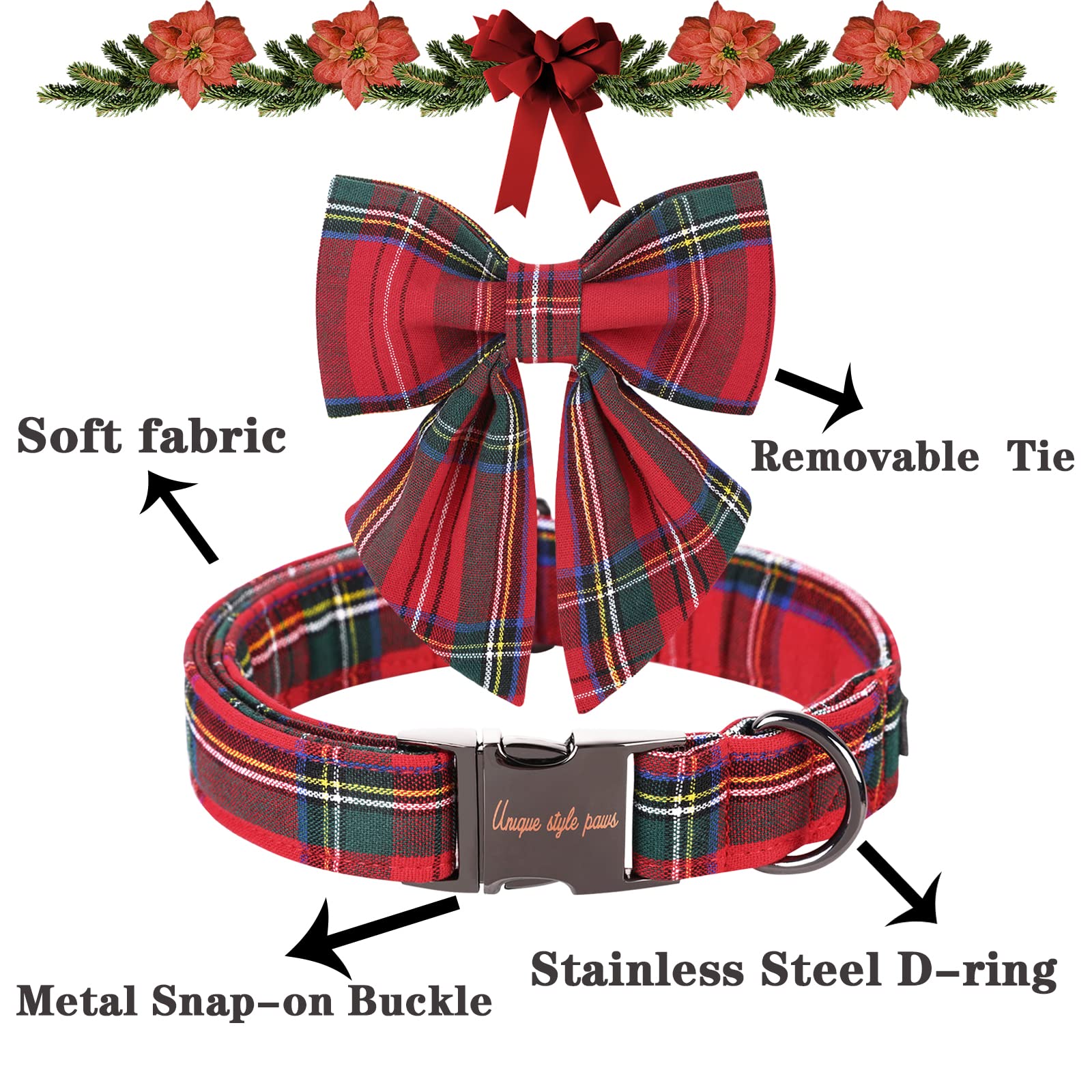 Unique Style Paws Christmas Dog Collar With Bow Tie Red Plaid Puppy Collar For Small Medium Large Dogs As Autumn Winter Gifts -Xl