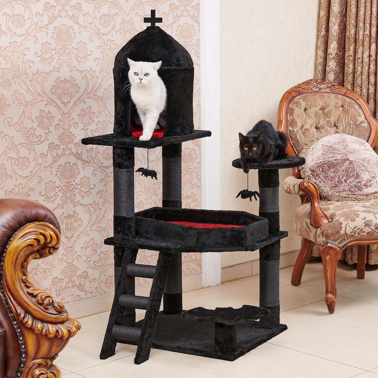Yaruomy Gothic Cat Tree With Coffin Bed,55' Cat Tower With Spacious Cat Condo,Scratching Posts,Spider Hanging Ball,Multi-Level Cat Activities Furniture For Large Cats, Black Halloween