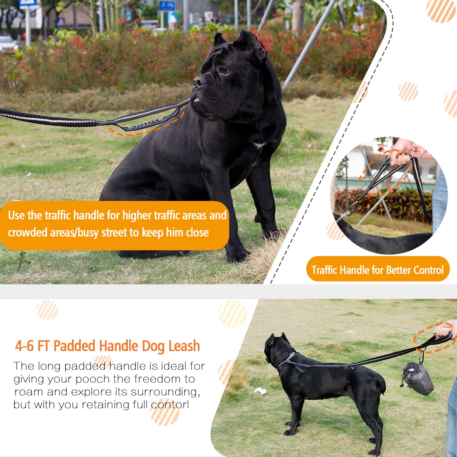 Fashion&Cool Heavy Duty Dog Leash Especially Large Dogs Up To 150Lbs, 4-6 Ft Reflective Dog Walking Training Shock Absorbing Bungee Leash Car Seat Belt Buckle, 2 Padded Traffic Handle Extra Control