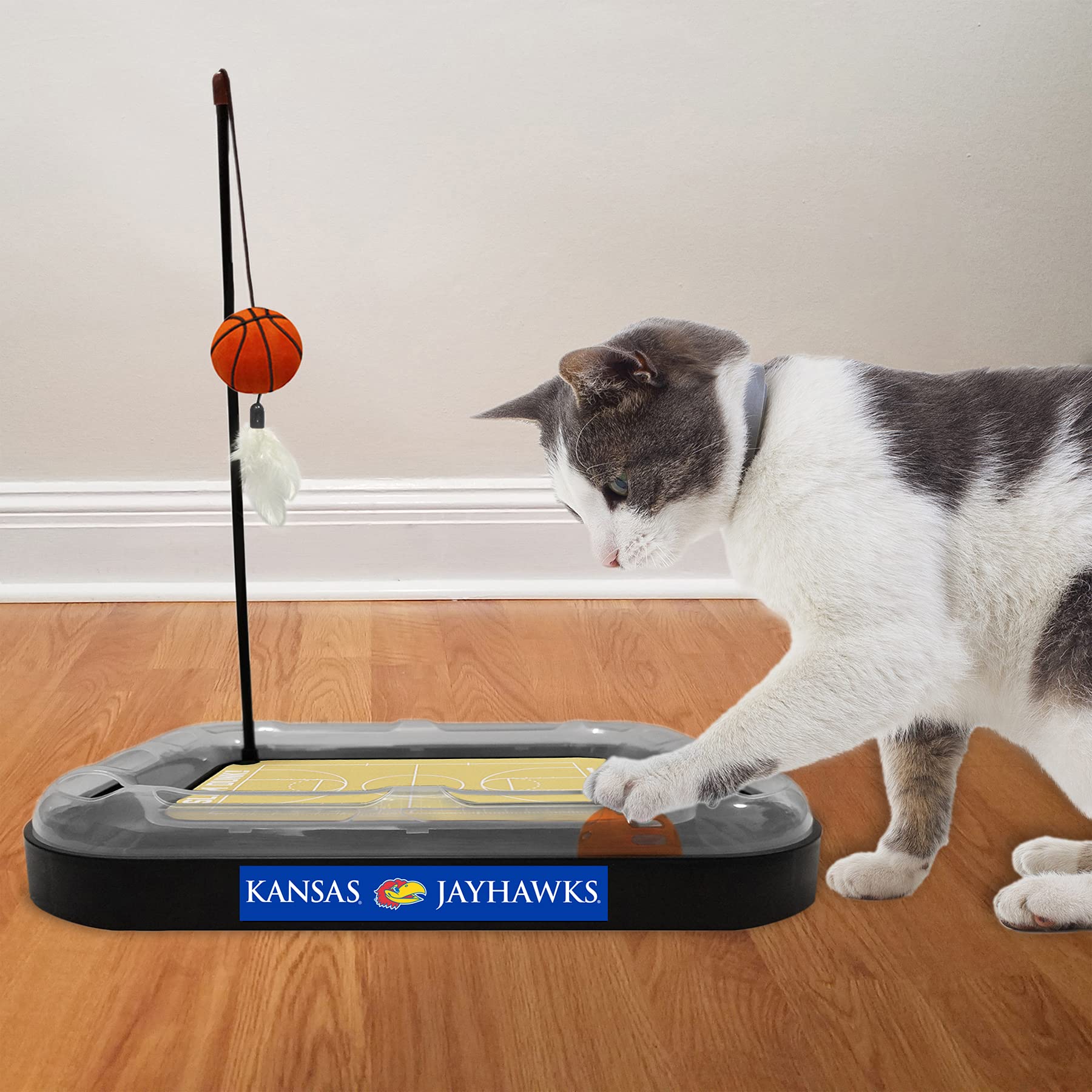 Ncaa Kansas Jayhawks Reversible Basketball Court Felt Cat Scratcher & 6-In-1 Interactive Cat Wand Poll Toy - Catnip-Filled Plush