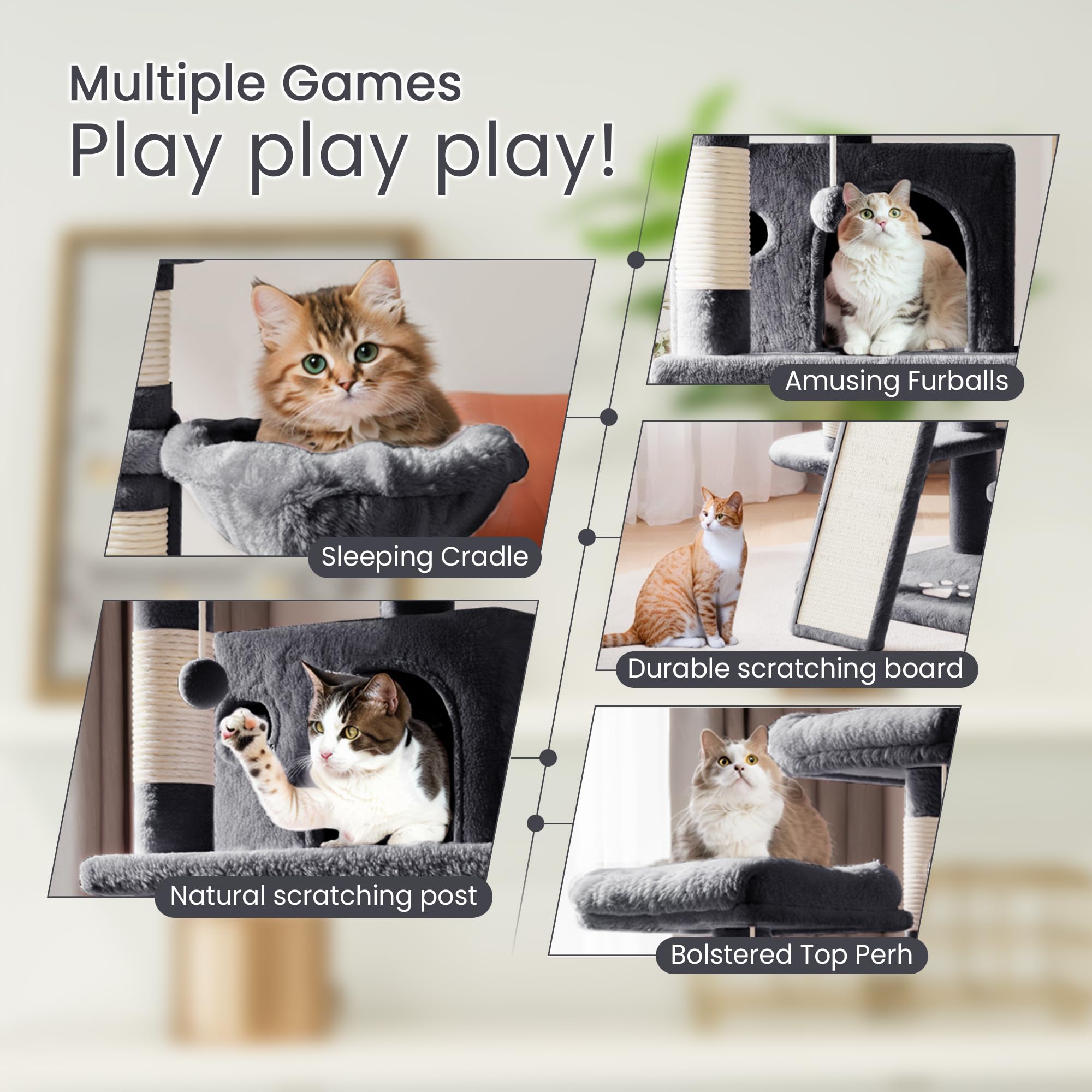 Sha Cerlin 68 Inches Multi-Level Large Cat Tree For Large Cats/Big Cat Tower With Cat Condo/Cozy Plush Cat Perches/Sisal Scratching Posts And Hammocks/Cat Activity Center, Dark Grey