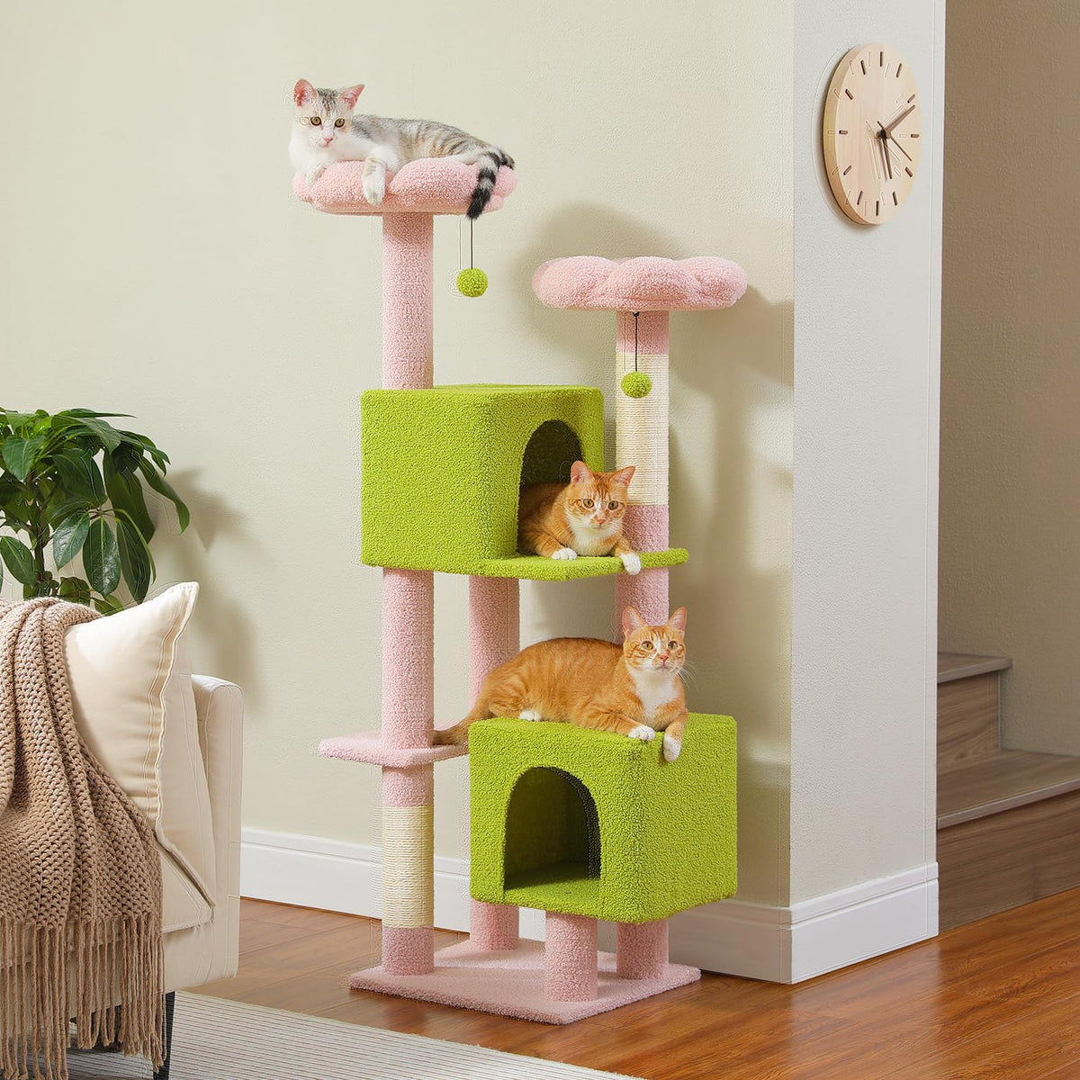 Muttros Flower Cat Tree, 52.4'' Cute Cat Tower For Indoor Cats With 2 Flower Padded Perches, 2 Condos & 2 Scratching Posts, Pink