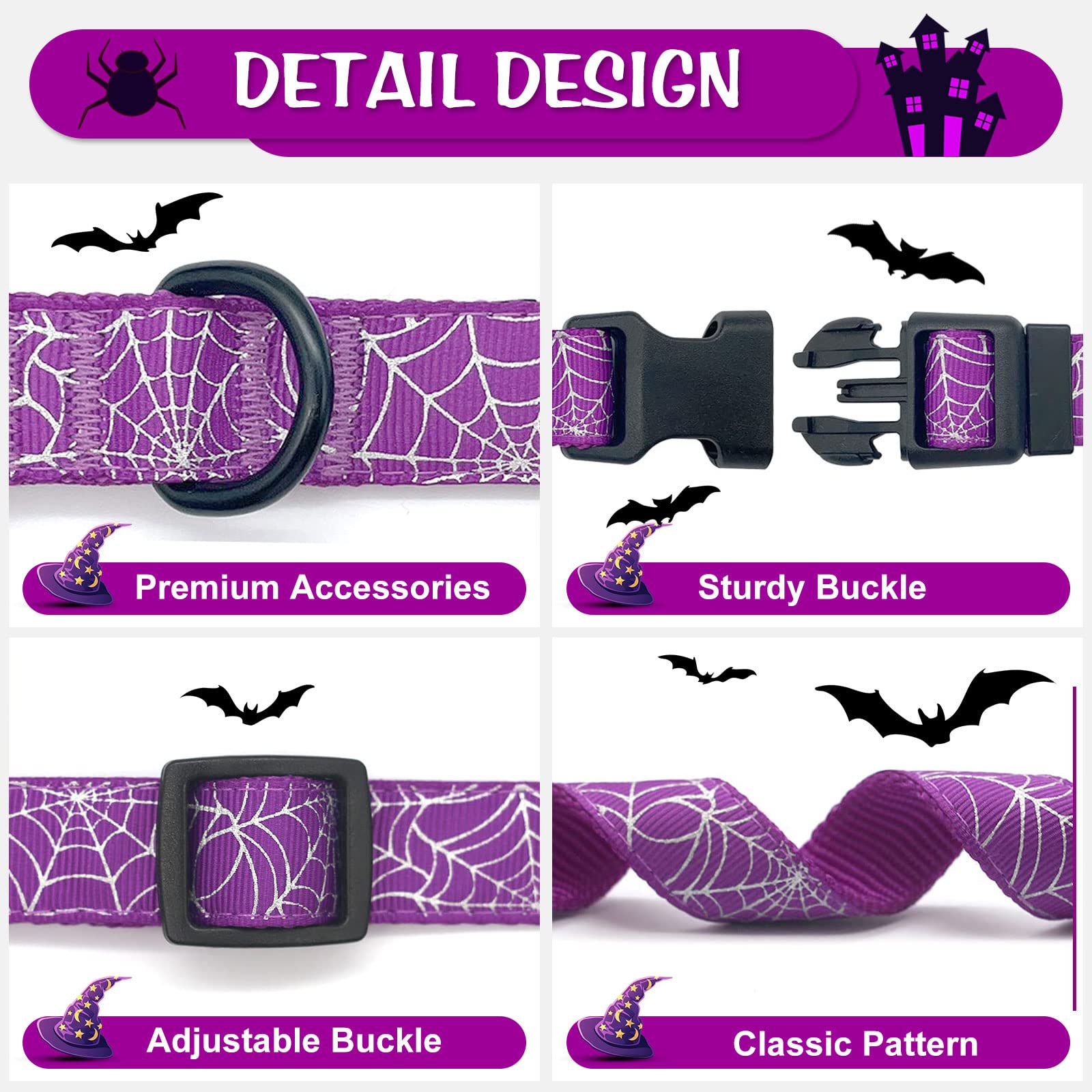 Azuza Halloween Dog Collars With Bow Cute Sequined Spider Purple Dog Collar With Lace Bow Tie Gifts On Halloween For Large Dogs