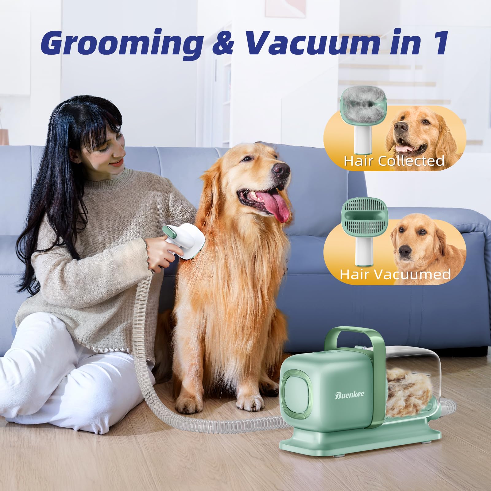 buenkee Dog Grooming Kit with Pet Grooming Vacuum, Dog Clipper, Pet Grooming Shedding Brush, Cleaning Tool in 1, Low Noise Dog V