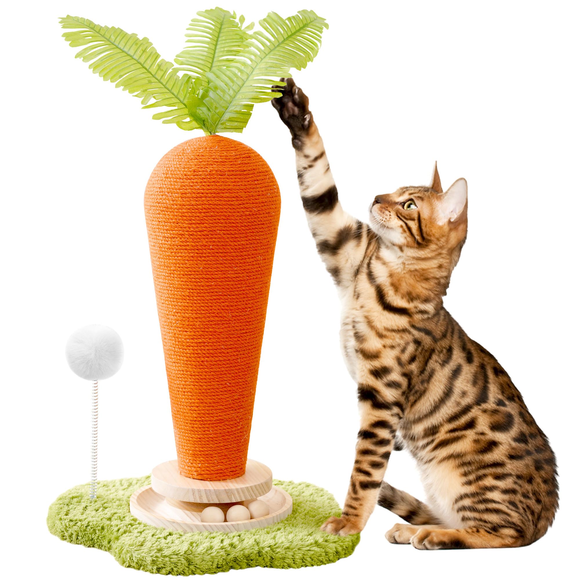 24' H Cat Scratching Post Carrot With Catnip, Cute Cat Scratcher Post With Durable Natural Wooden Turntable Toy, Carrot Shape De