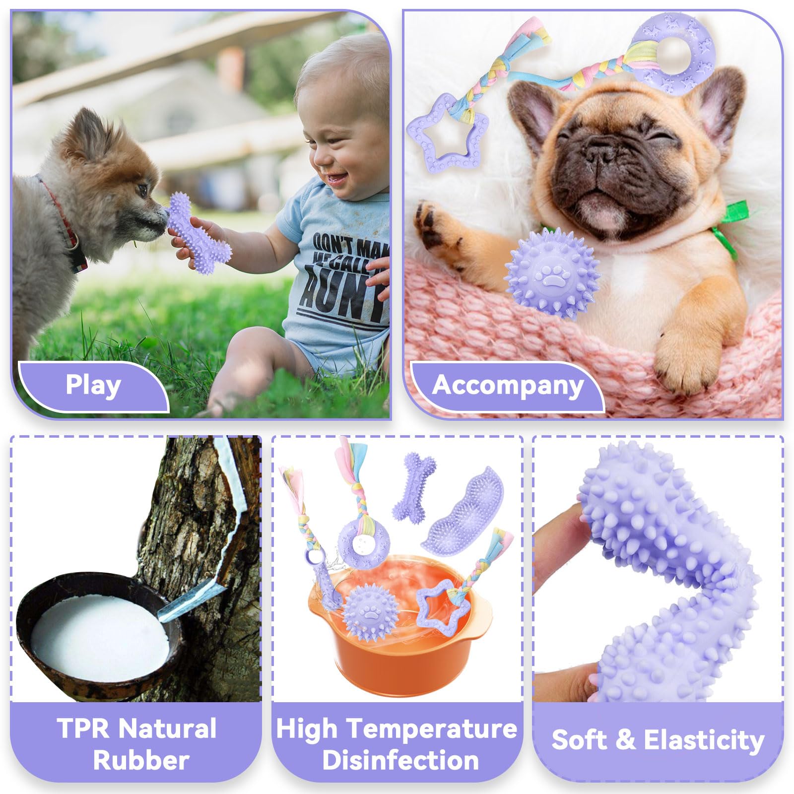 Petcare 6 Pack Puppy Teething Toys, Cute Purple Small Dog Chew Toys For Puppies 0-6 Months, Soft Rubber Rope Dog Teething Toys,