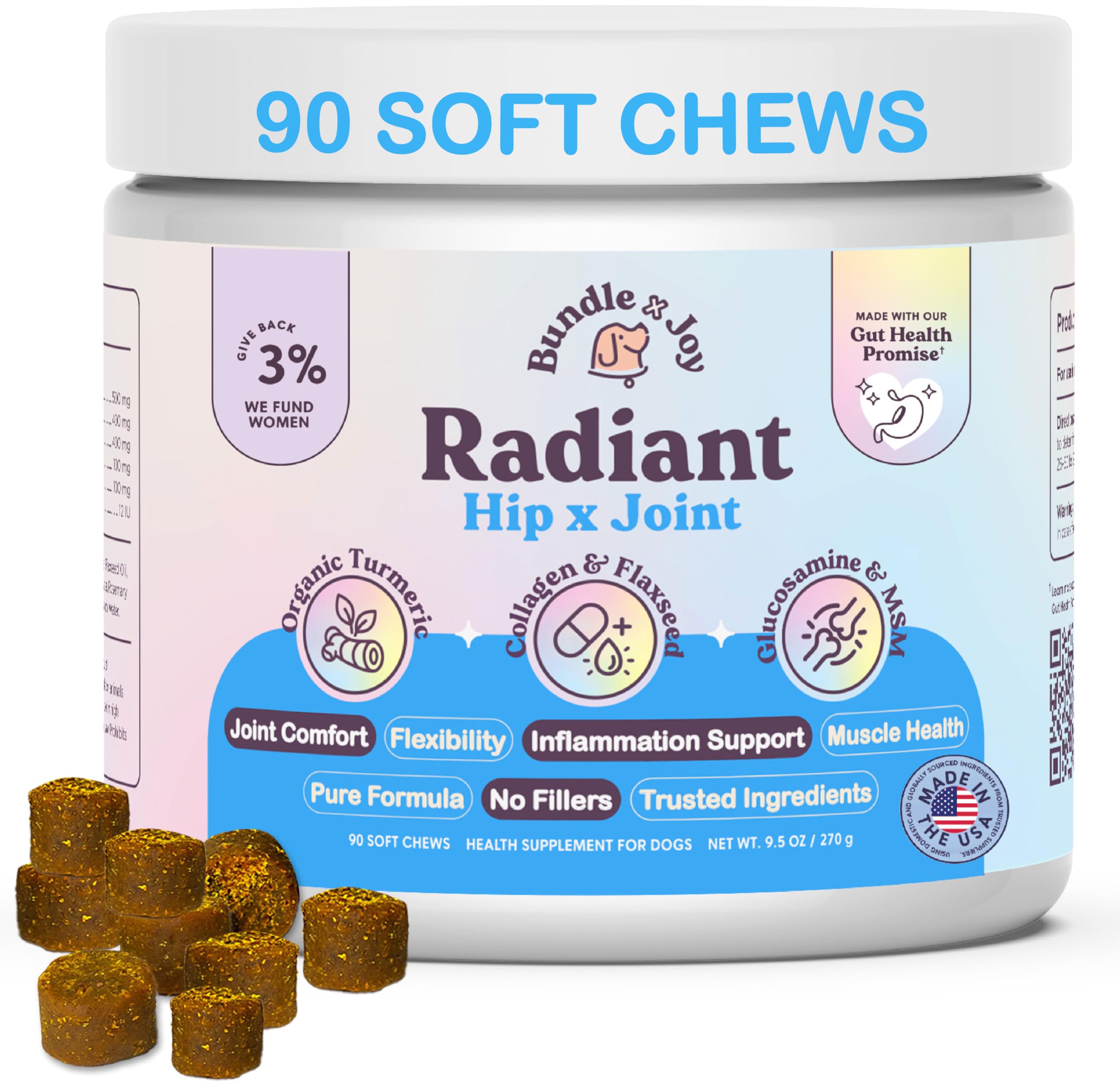 Bundle x Joy Radiant Hip and Joint Support Supplement for Dogs, 90 Soft Chews, Glucosamine Chondroitin for Dogs with Collagen, T