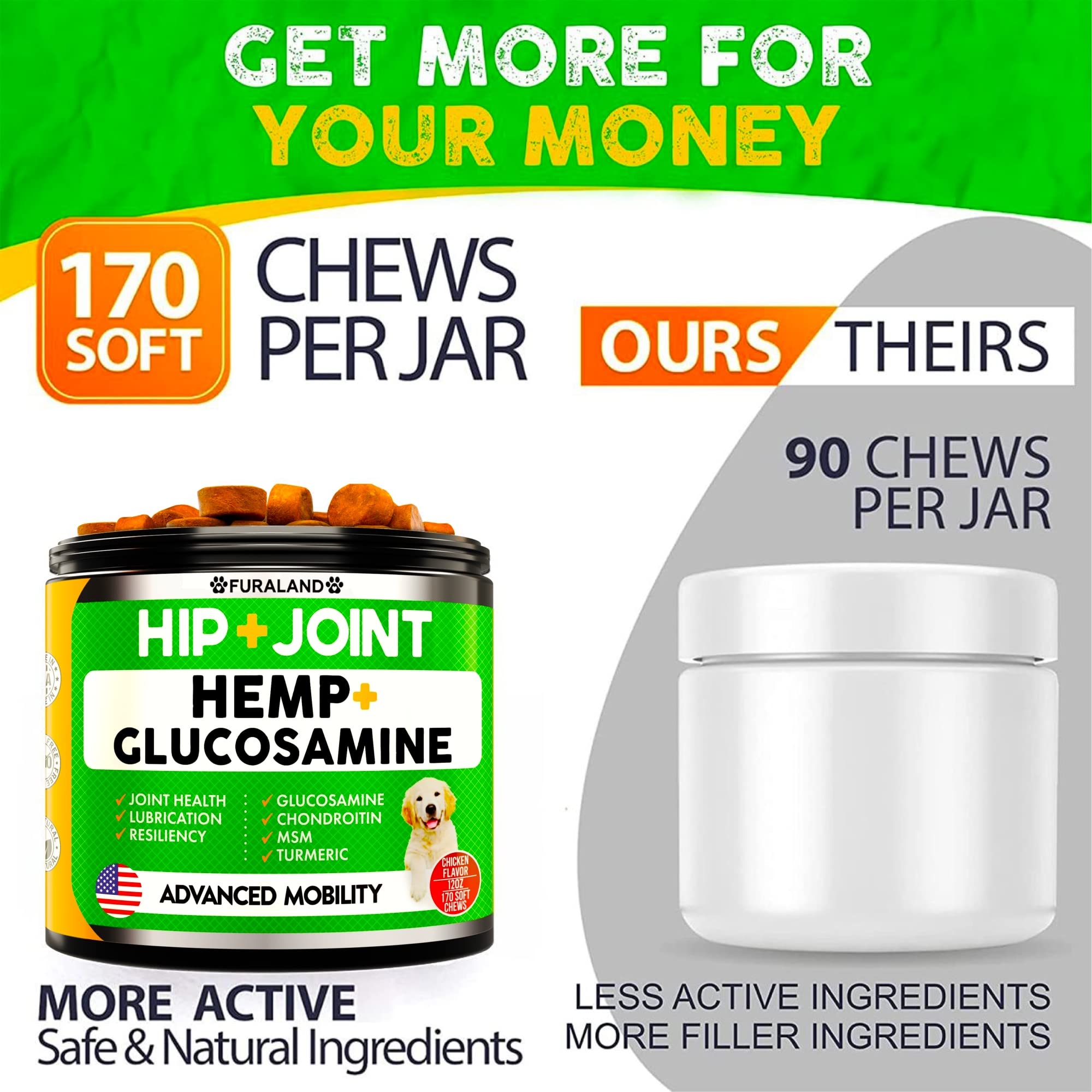 Hemp Hip and Joint Supplement for Dogs - Glucosamine for Dogs - 170 Dog Joint Pain Relief Treats - Chondroitin, Hemp Oil, MSM -