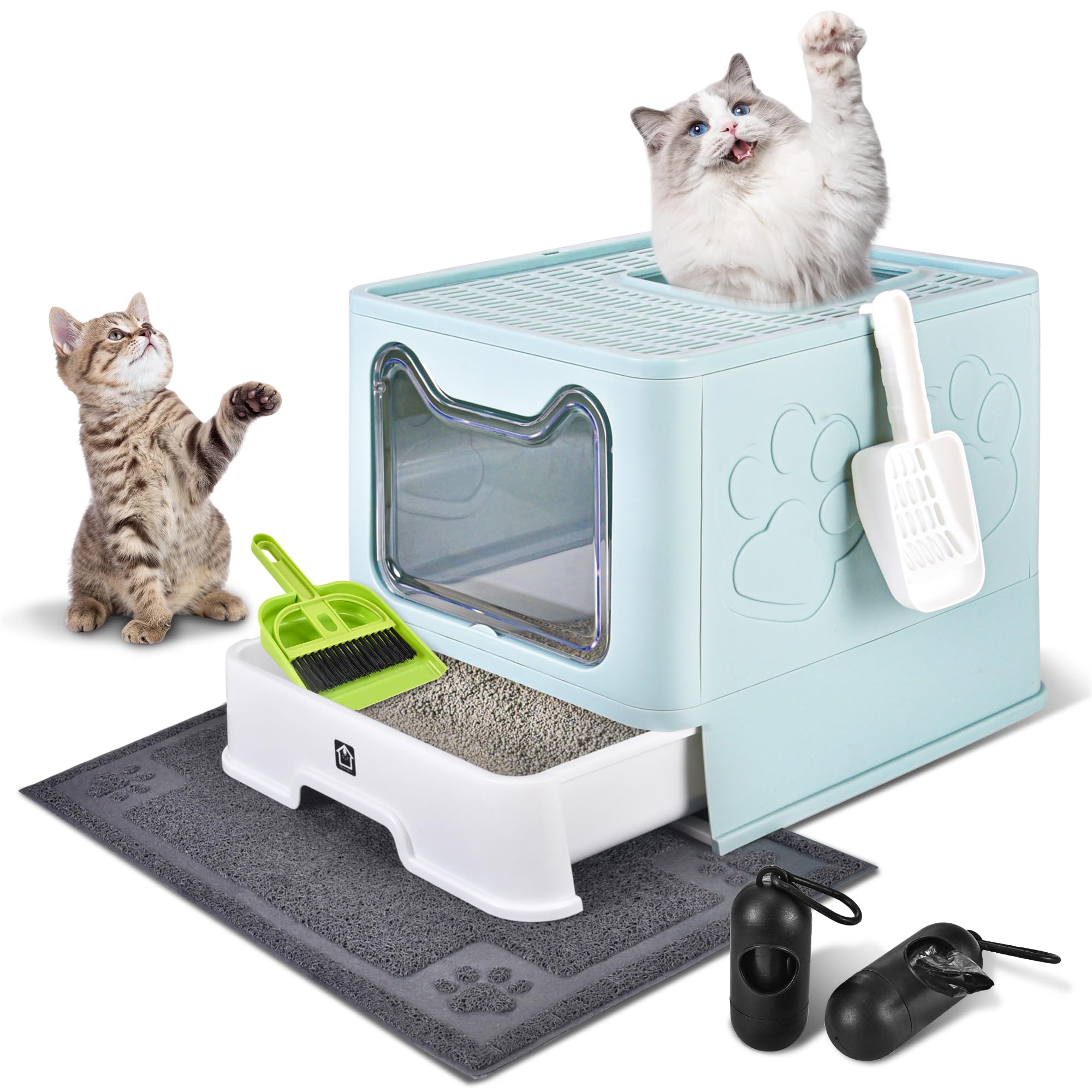 Enclosed Cat Litter Box With Lid Foldable Potty,Drawer Type Extra Large Cover Litter Box With Mat, Kitty Free In And Out/One-Way