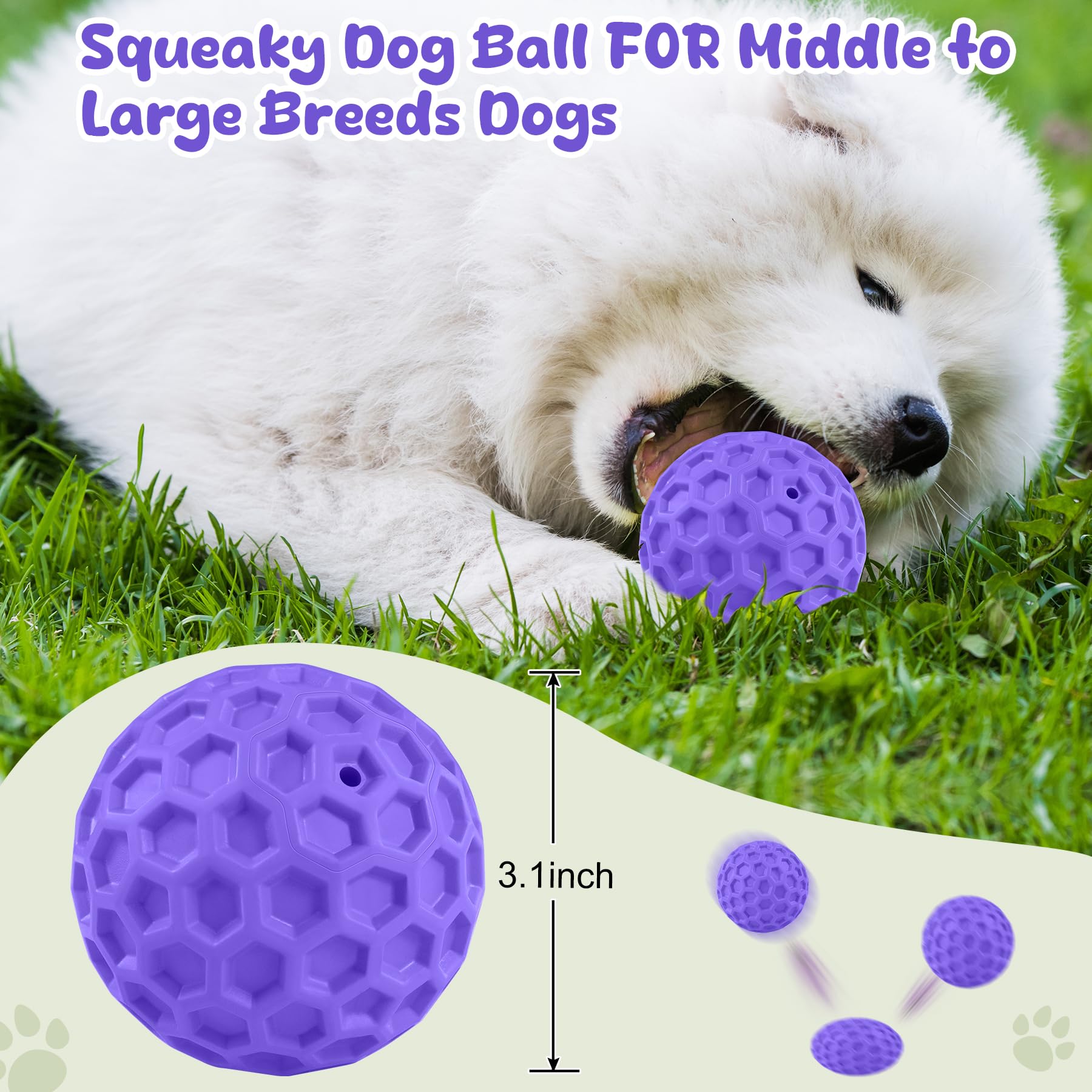 Zrifaqesw Squeaky Dog Toys For Aggressive Chewers, Indestructible Dog Balls For Aggressive Chewers, Purple Squeaky Balls For Dog
