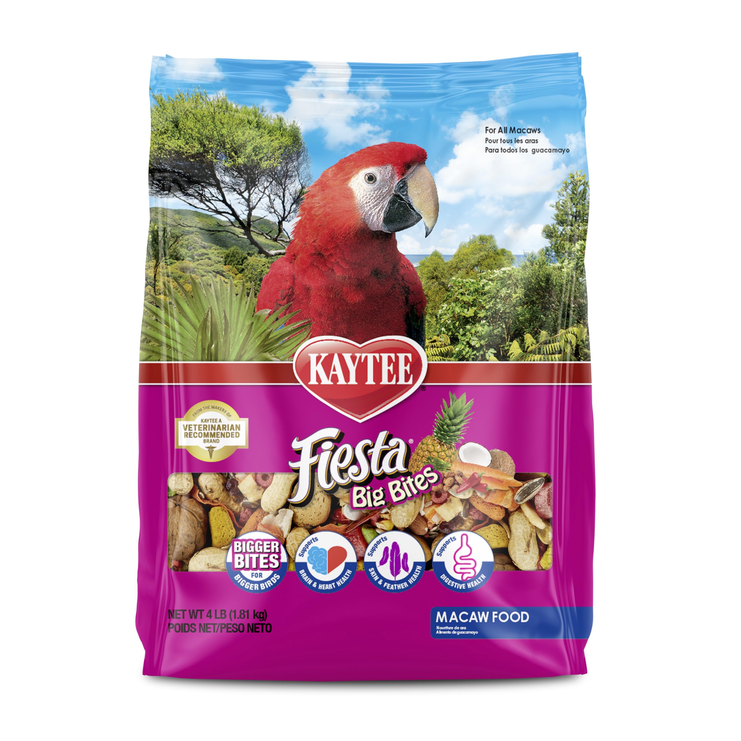 Kaytee Fiesta Big Bites Macaw Food, Nutritious and Fun Blend, Supports Skin, Feather, Digestion, Brain and Heart Health, 10 poun