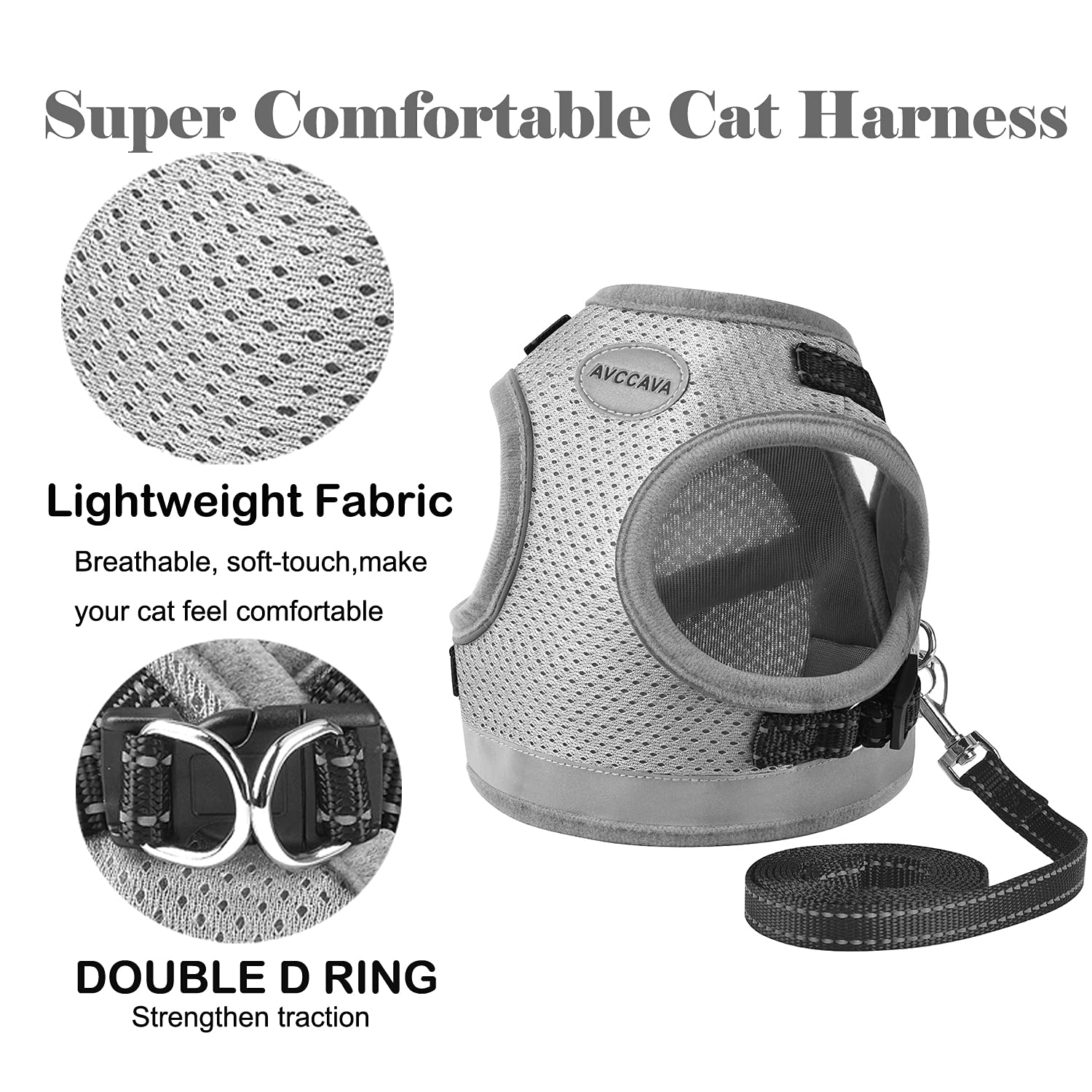 Cat Harness And Leash For Walking, Kitten Escape Proof Harnesses, Adjustable Reflective Puppy Harness With Leashes Set, Easy Adjustable Soft Net Breathable Pet Safety Vest Grey