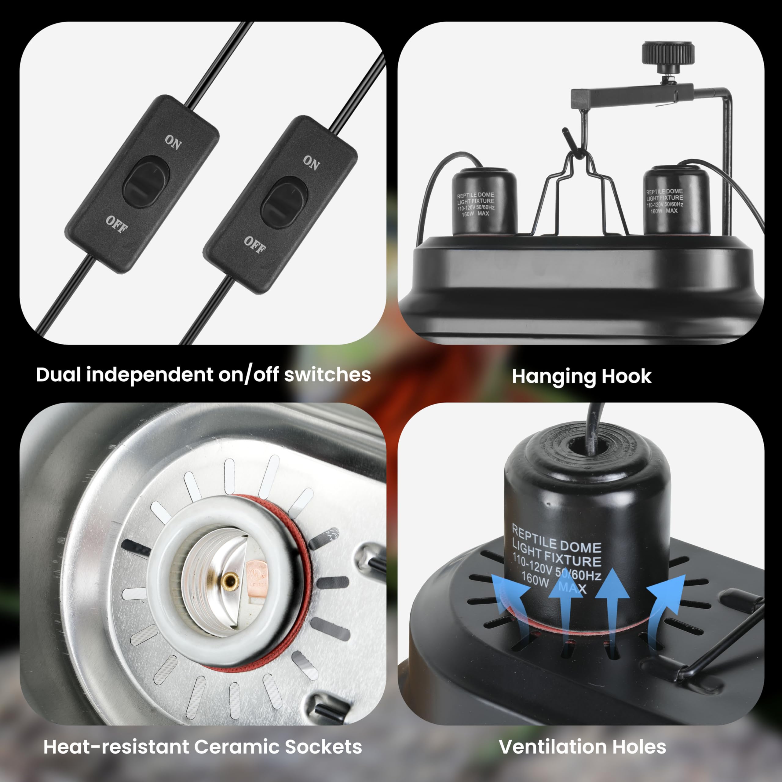 Simple Deluxe Dual Reptile Light Fixture 160W, Reflector Dome Heat/Uvb Lamp Cap, For Small Animal Terrarium And Tortoise Habitat