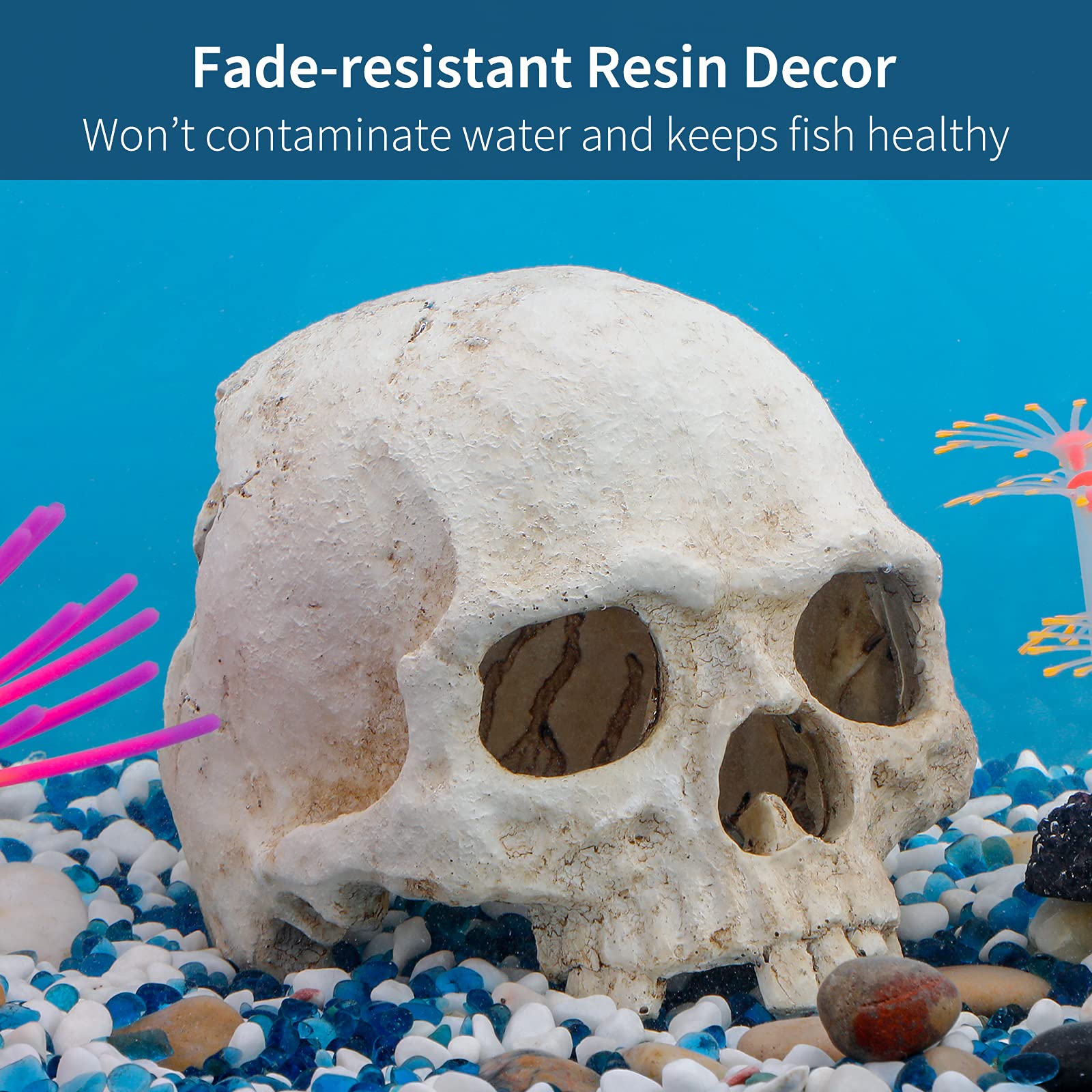 Uniclife Aquarium Skull Reptile House Decor Resin Head Skeleton Ornament For Tank Landscape Decorative Hideout Cave Shelter For Small Fish Shrimp Snail Gecko Spider Lizard In 5-20 Gallon Fish Tank