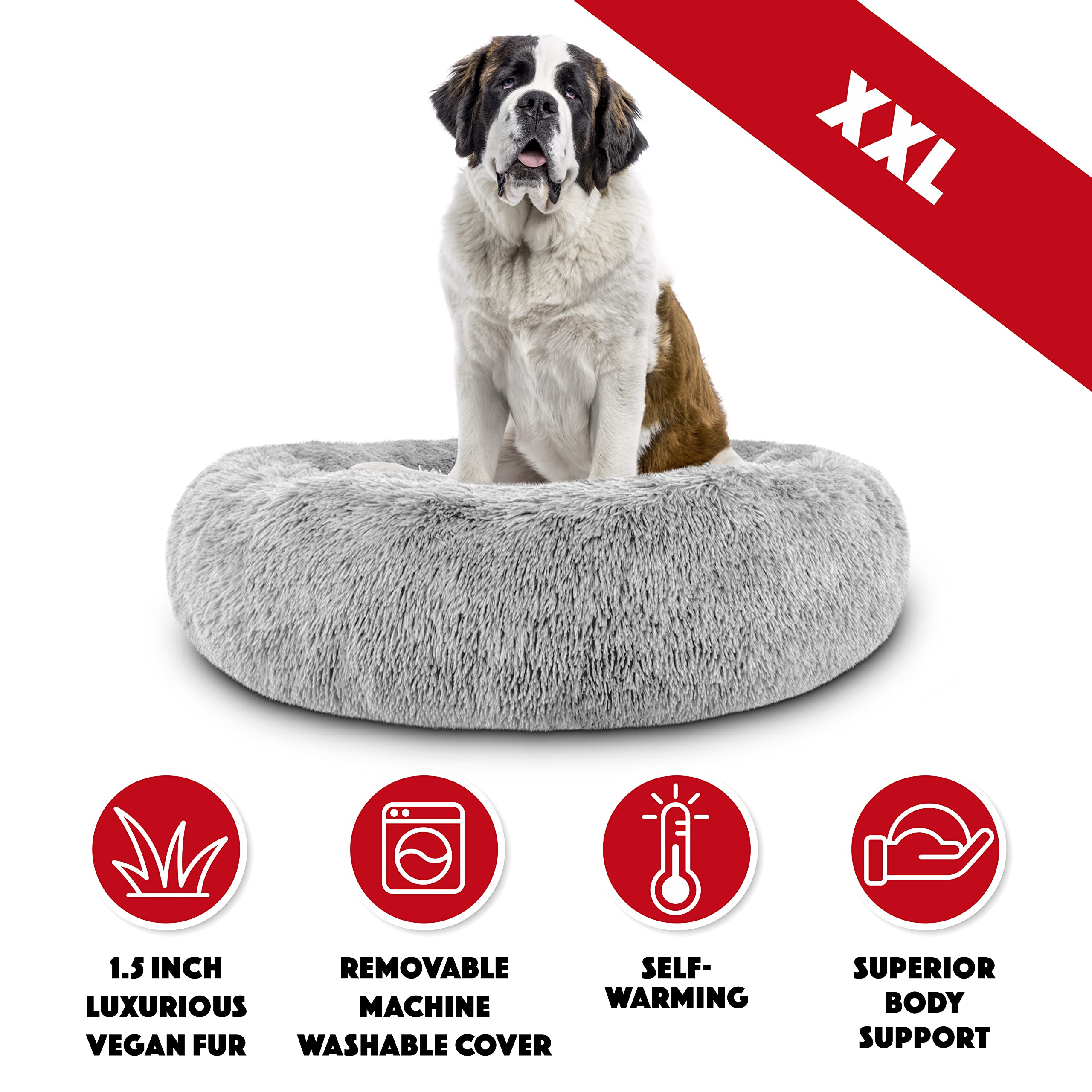The Dog's Balls Donut Dog Bed, XXL 54x54" Silver Grey Fur, Removable Cover, Veterinary Approved Calming Nest