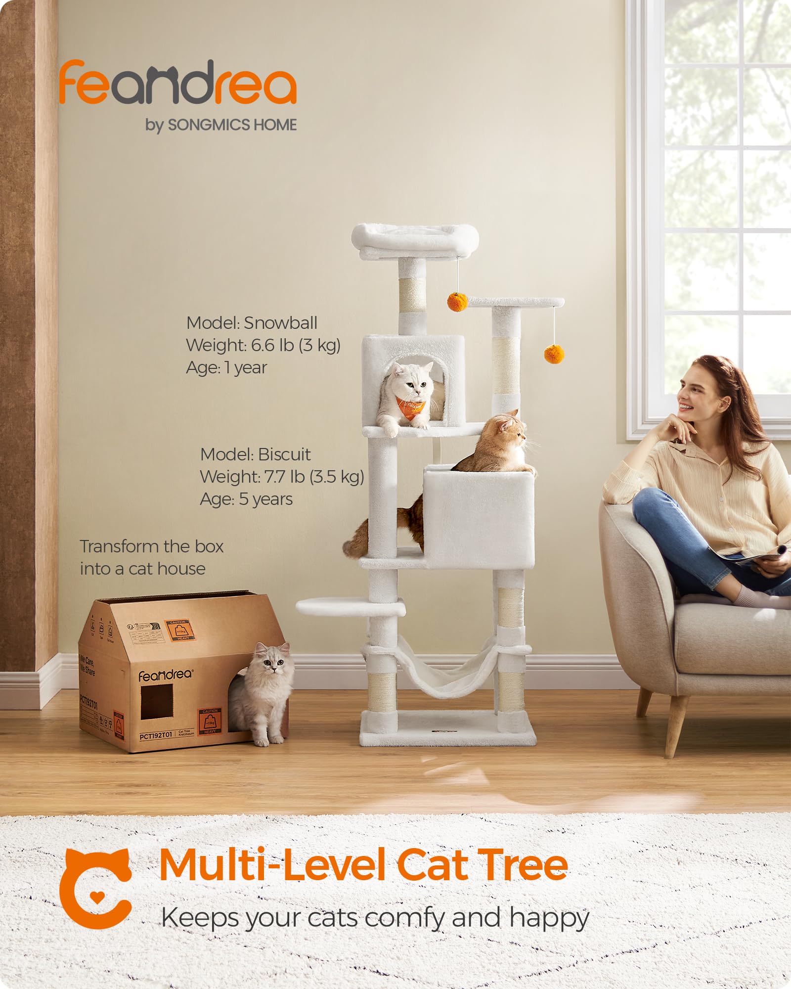 Feandrea Cat Tree, 61-Inch Cat Tower For Indoor Cats, Plush Multi-Level Cat Condo With 5 Scratching Posts, 2 Perches, 2 Caves, Hammock, 2 Pompoms, Cream White Upct192T01