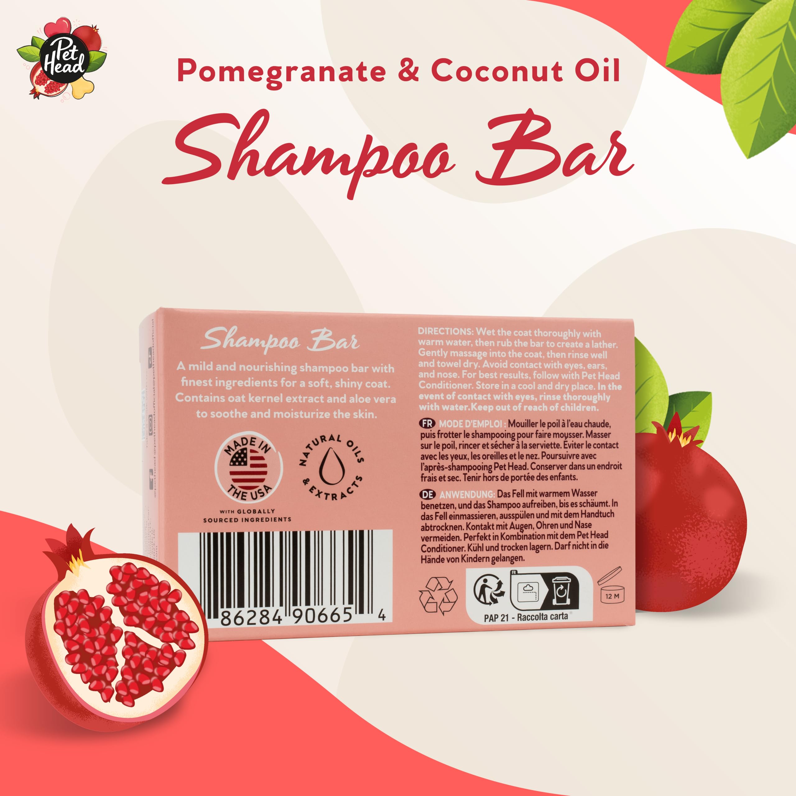 Pet Head Pomegranate Shampoo Bar For Dogs | 3In1 Cleanses, Hydrates & Nourishes All Dog Coats | With Oat Kernel Extract & Coconut Oil | Free Of Parabens & Sulphates | Gentle Formula For Puppies | 3Oz