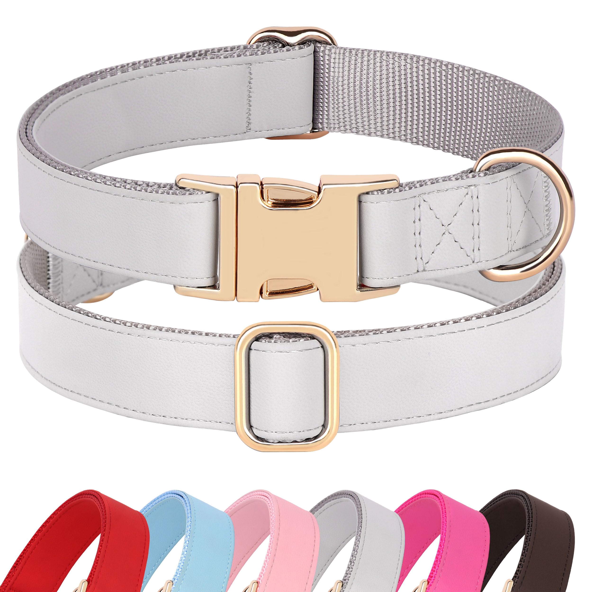 Pet Artist Charming Nylon Dog Collar With Leather Soft Comfy Elegant Nylon Collars For Dogs Small Medium Large 4 Bright Solid Color For Choosing Blue Red Brown Grey (Grey,Neck Fit 16-27'')
