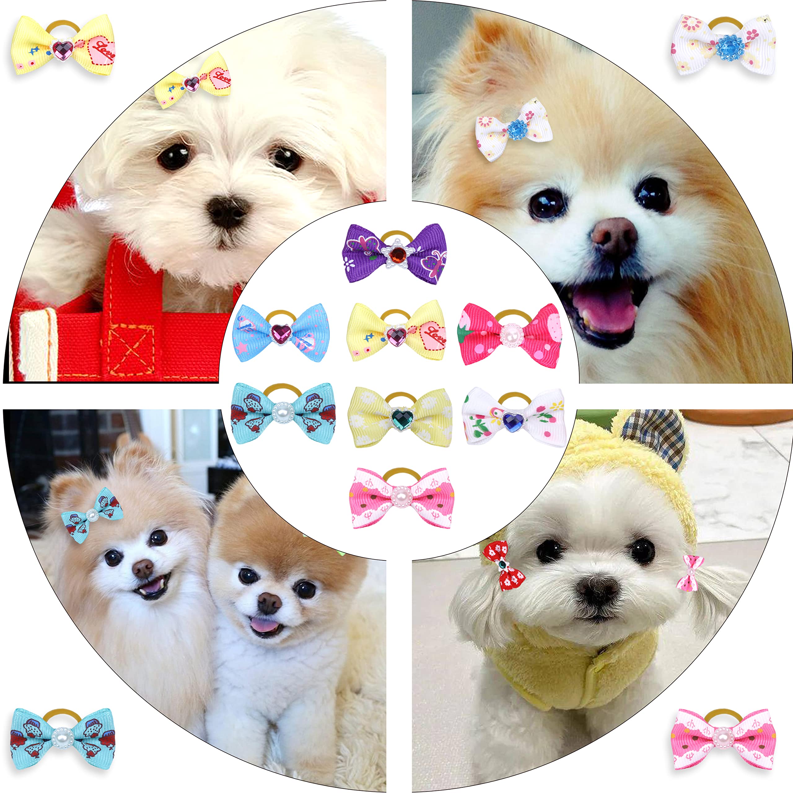 60Pcs Puppy Dogs Hair Barrettes Bows With Rubber Bands,Rhinestone Tiny Christmas Bowknot Hair Bows Hair Topknot Hair Clips For Cat Puppy Party Birthday,Handmade Hair Accessories Pet Grooming