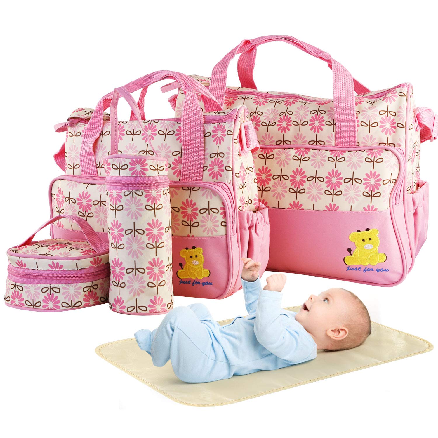 5PcS Diaper Bag Tote Set - Baby Bags for Mom (Pink)
