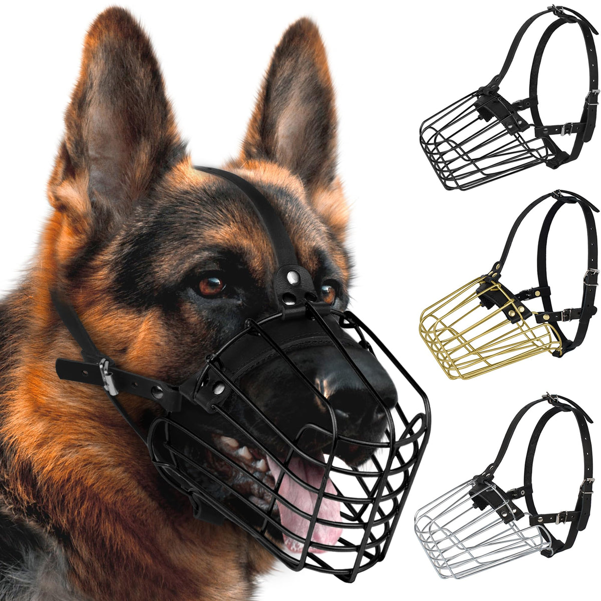 German Shepherd Dog Muzzle Metal Basket for Medium Large Dogs Adjustable Durable Leather Straps Secure Wire Mask for Biting Chew