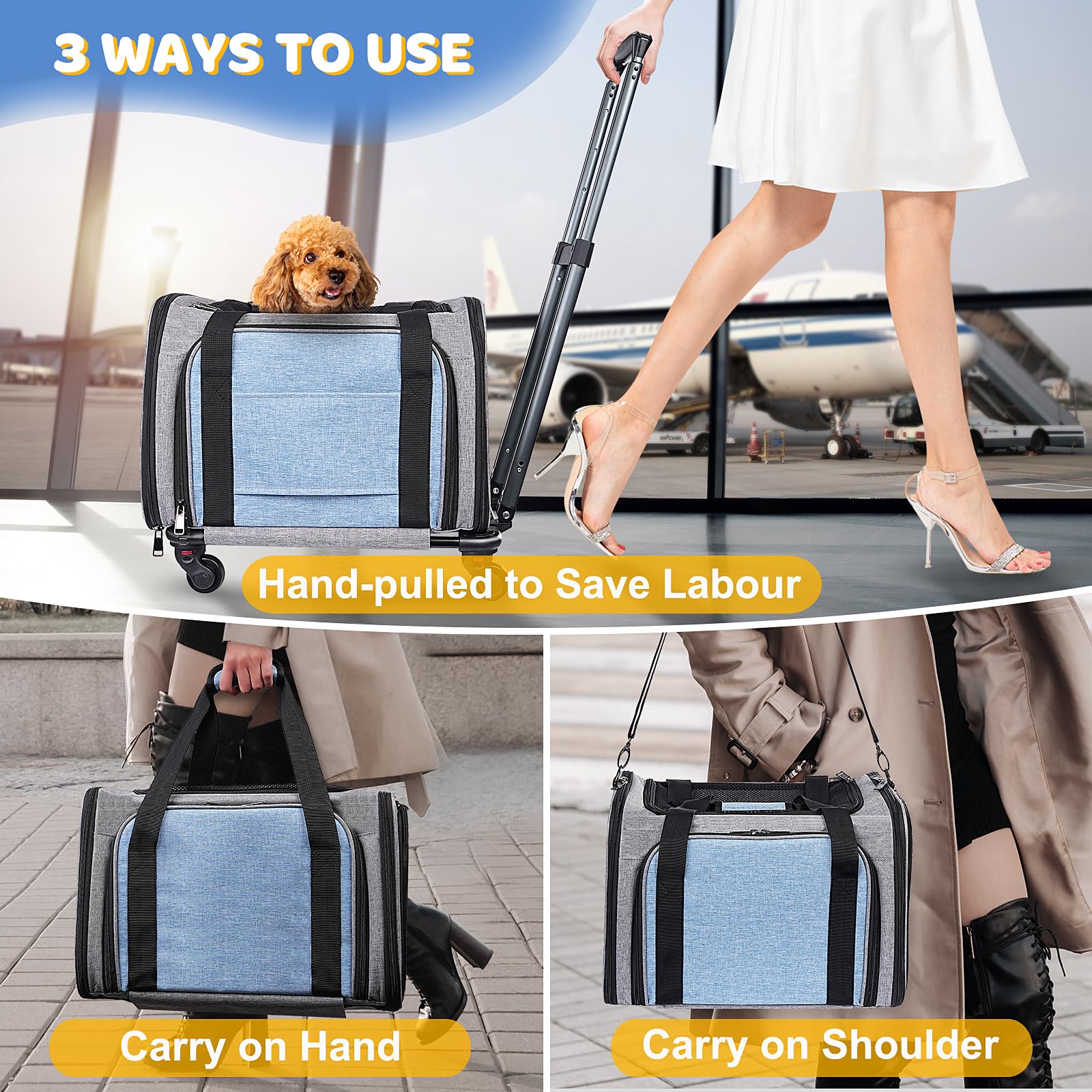 Pet Carrier With Wheels For Cat And Small Dogs: Expandable Airline Approved Rolling Cat Carrier - Cat Carrier Soft For Pets Unde