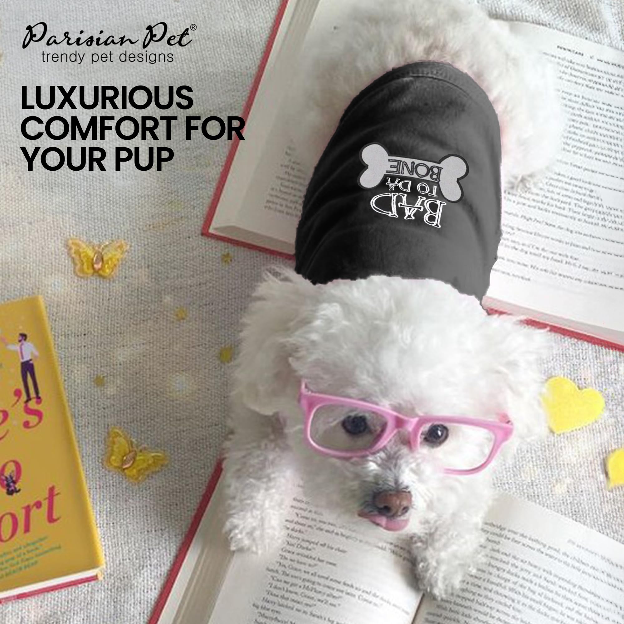 Parisian Pet Dog T-Shirt - Embroidered Bad to Da Bone Dog Clothes - 100% Cotton, Sleeveless Pet Vest - Machine Washable Shirt fo