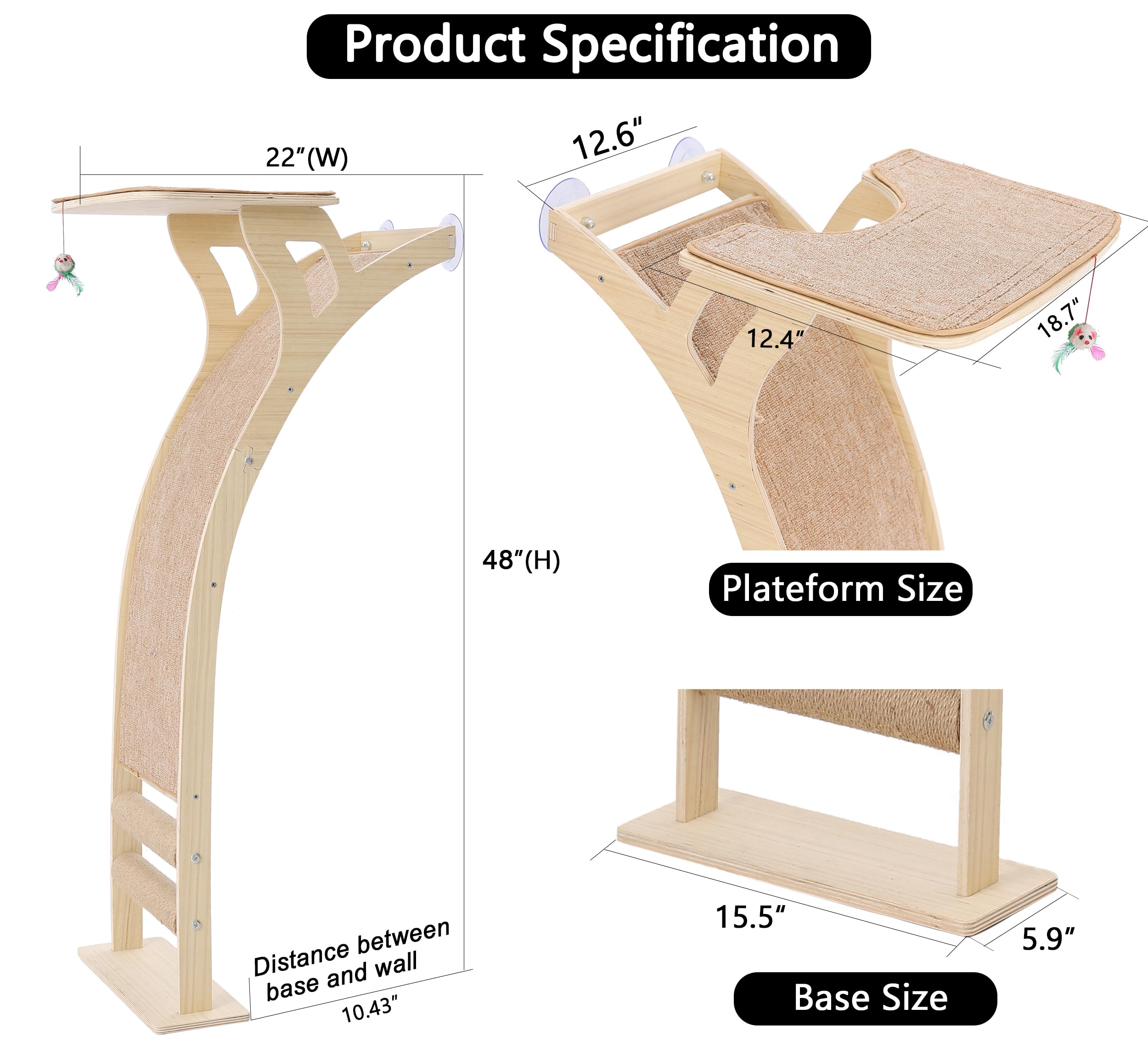 Cat Window Perch With Scratcher Ramp, 48'' Climbing Tree Suctions Cups To Window Maximum Hold Up To 45Lb, Wood Window Shelf For