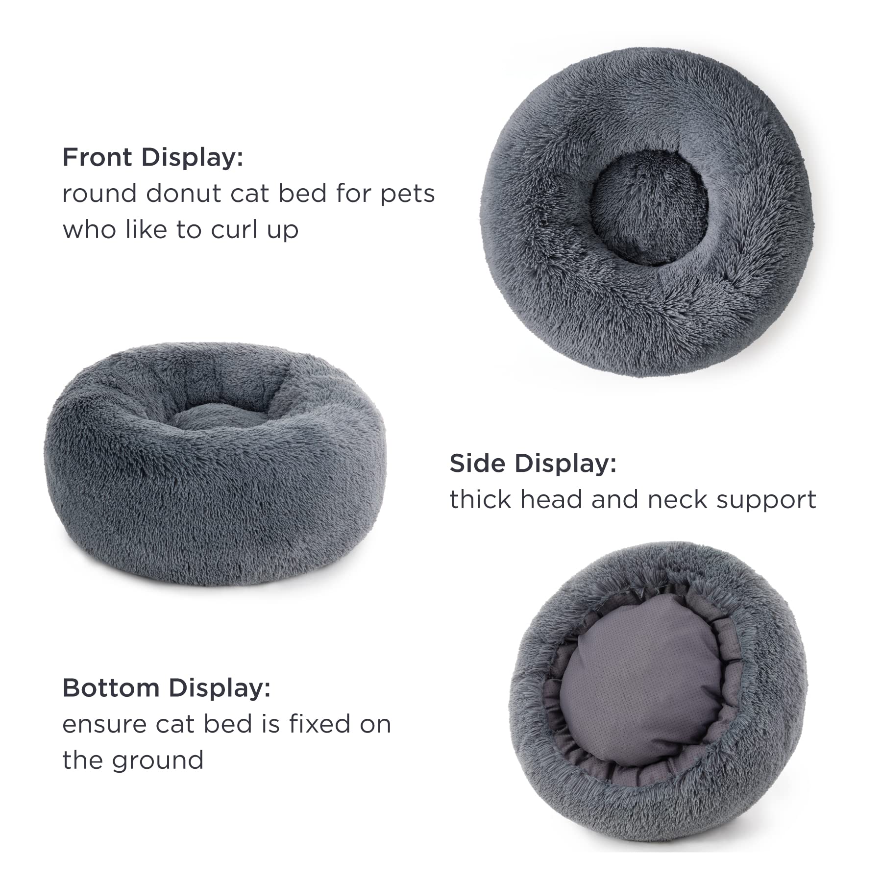 Bedsure Calming Cat Bed - Washable 20" Plush Faux Fur for Indoor Cats, Fits up to 15 lbs, Dark Grey