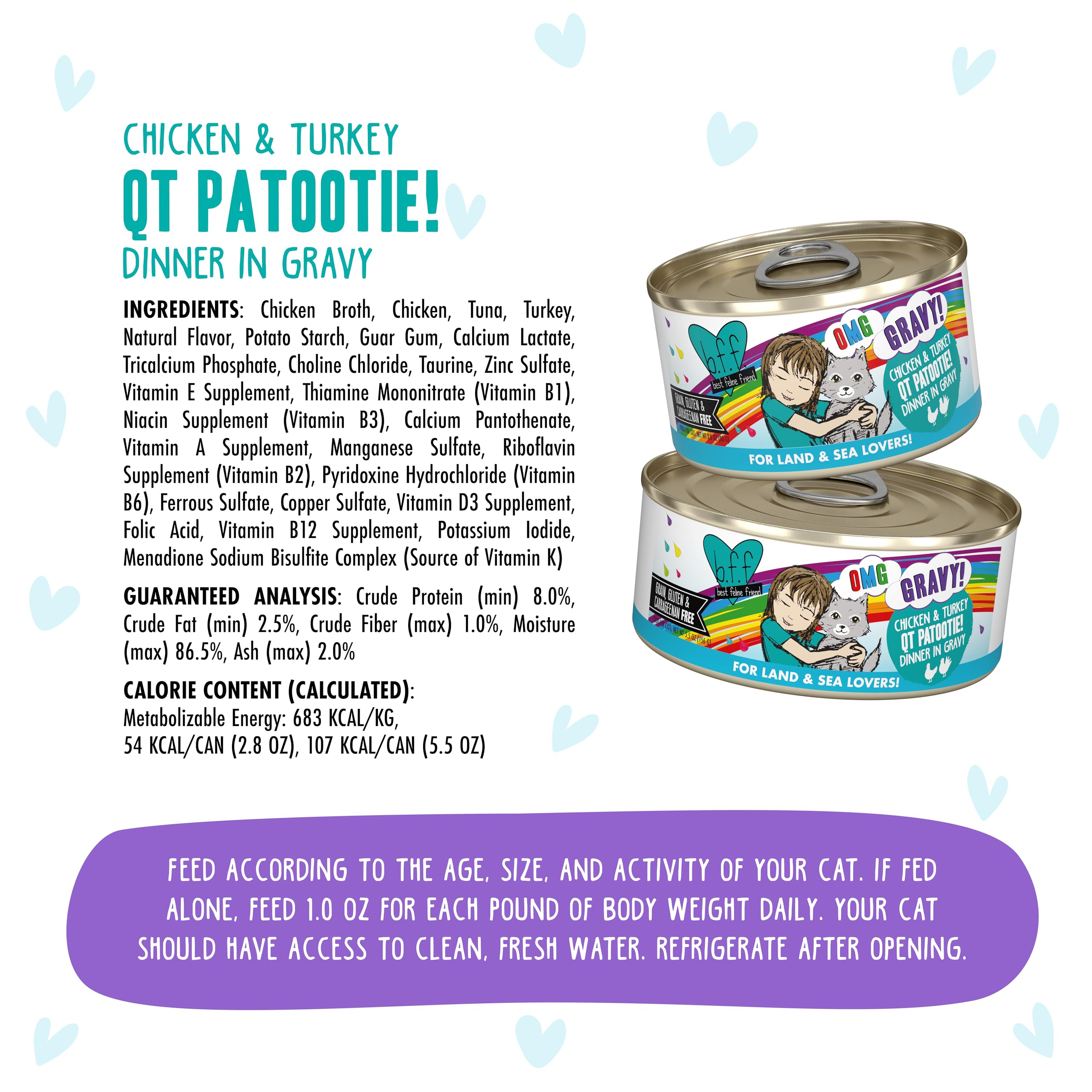 Weruva B.F.F. OMG - Best Feline Friend Oh My Gravy!, QT Patootie! with Chicken & Turkey in Gravy Cat Food, 5.5oz Can (Pack of 8)