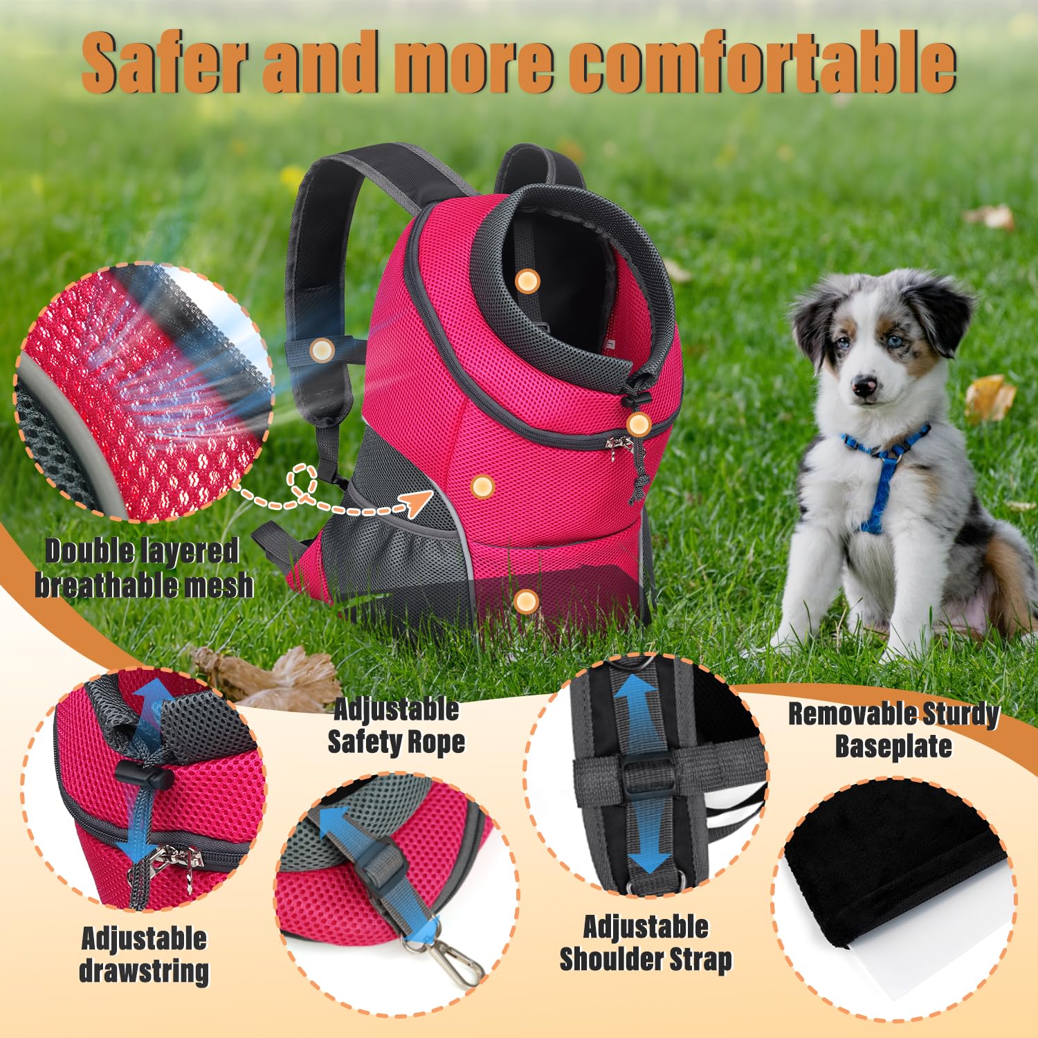 Yudodo Dog Front Carrier Backpack, Adjustable Breathable Pet Carrier For Small Dogs, Ventilated Puppy Back Pack With Safety Belt