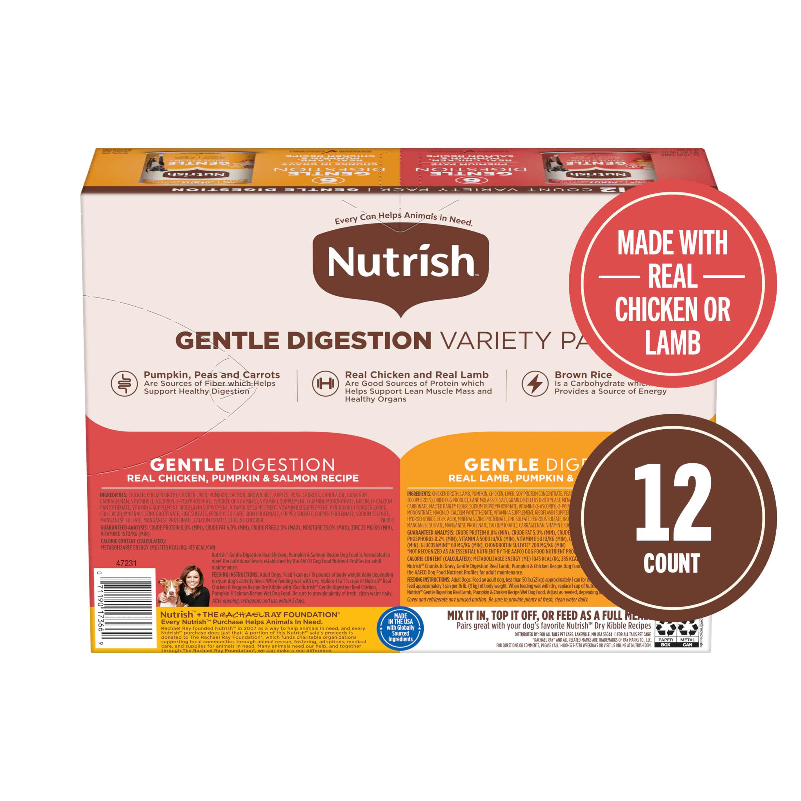 Nutrish Gentle Digestion Premium Pat   and Chunks in Gravy Variety Pack Wet Dog Food, 13 oz. Can, 12 Count (Rachael Ray)