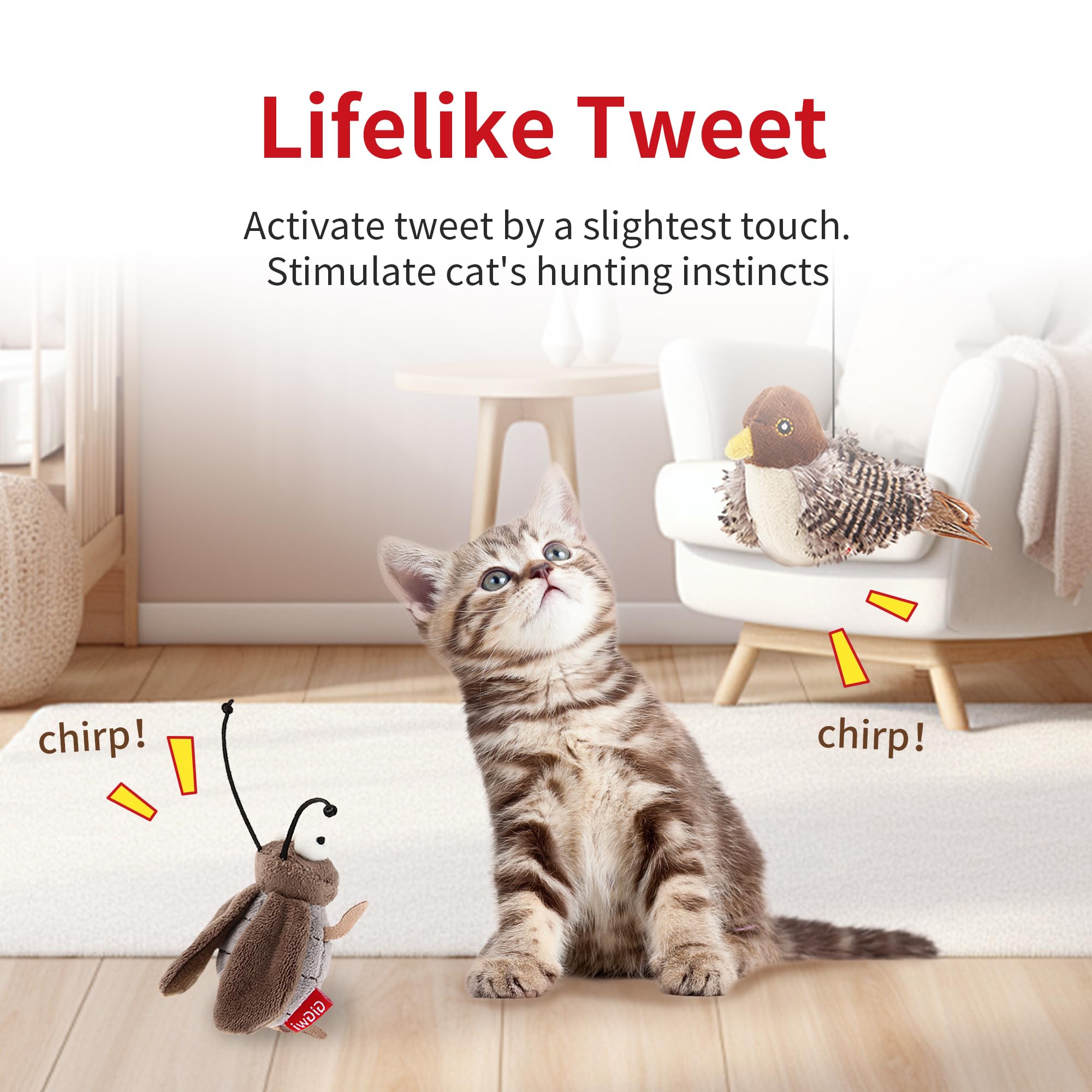 Petgeek Gigwi Simulated Chirping Bird Cat Toy, Fake Toys For Indoor Cats, Cat Feather Toy With Hanging Loop For Bored Indoor Adu