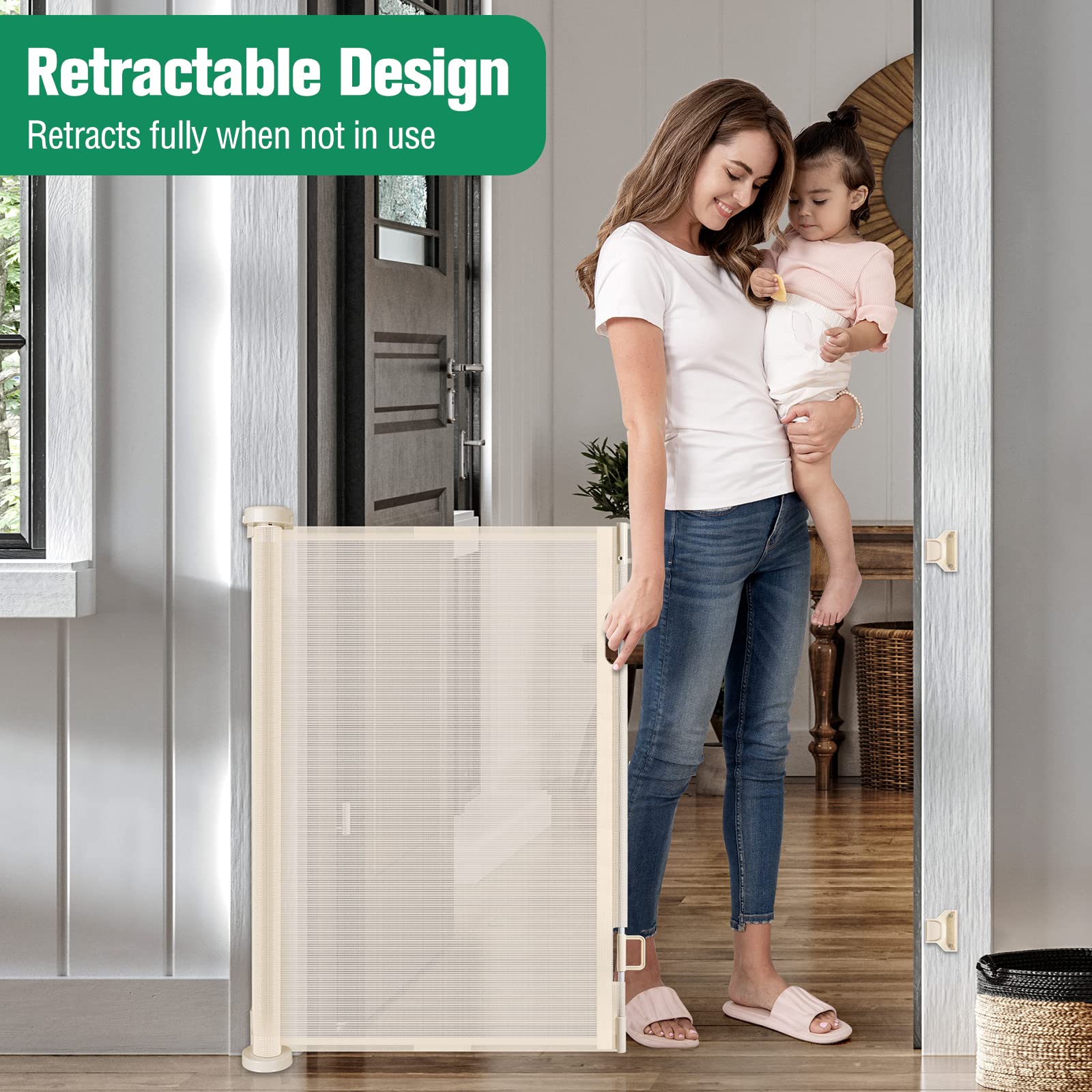 110 Inch Extra Wide Retractable Baby Gate For Large Openings Pet Gates For Dogs Indoor Retractable Baby Gates Outdoor Dog Gates For The House Extra Wide Baby Gate Large Dog Gate For Doorways, Beige