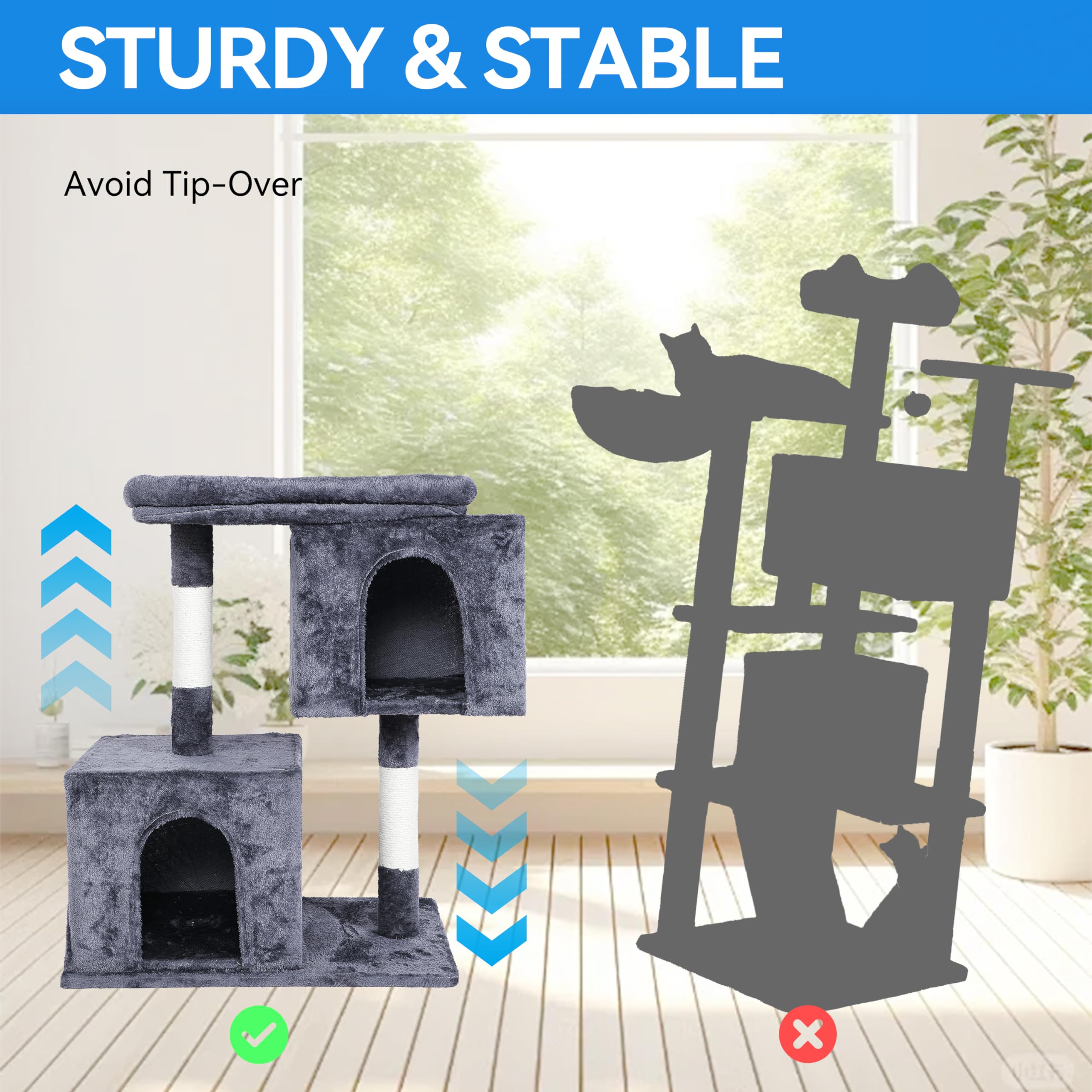 Cat Tree Tower 31 inch, 2 Plush Cat Condos, Cat Tree for Indoor Cats, Cat Scratching Post, Cat Post Scratcher with Perch, Small