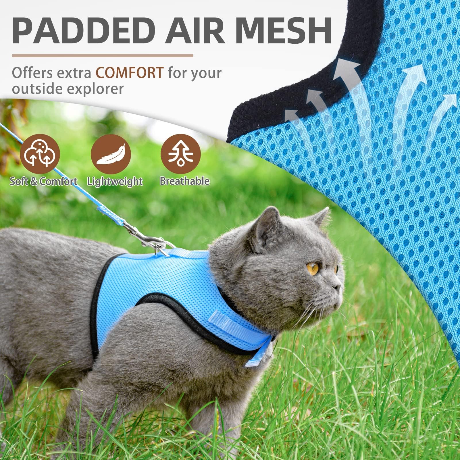 Pupteck Soft Mesh Cat Vest Harness And Leash Set Puppy Padded Pet Harnesses Escape Proof For Cats Small Dogs, Blue Large