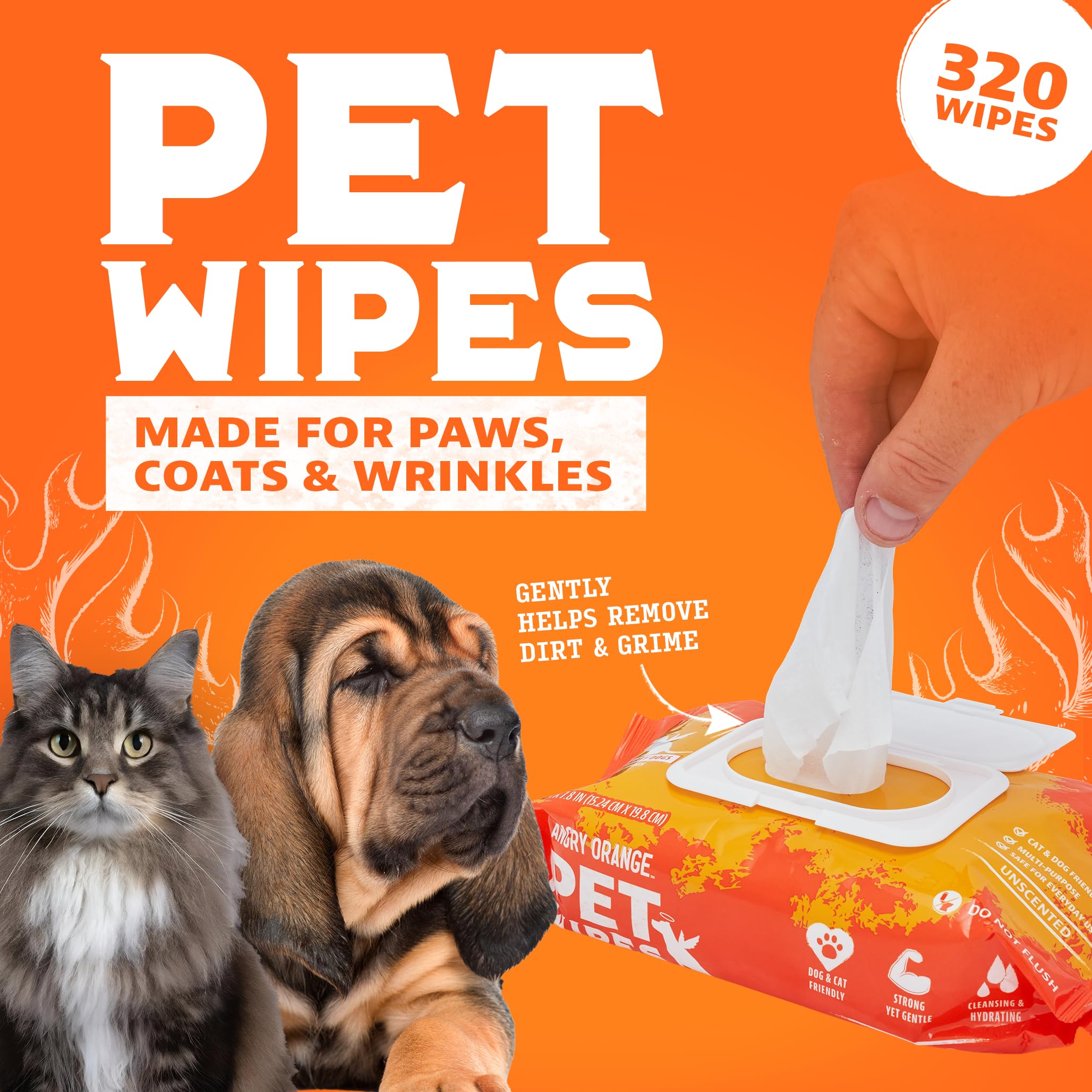 Angry Orange Pet Wipes For Dogs And Cats - Unscented And Gentle Grooming Wipes For Paws, Fur And Butt - 320 Count - Value 4 Pack