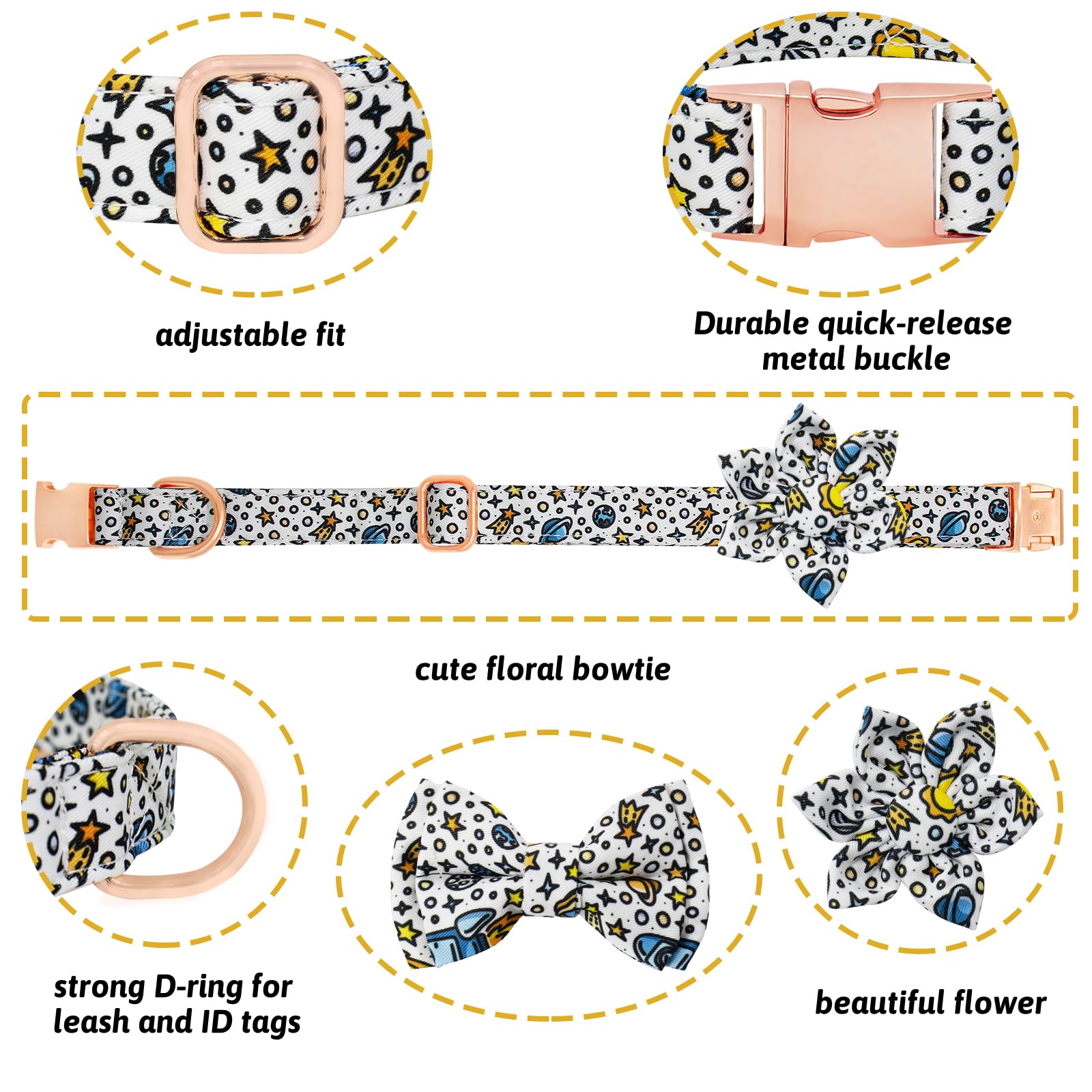HSIGIO Dog Collar and Leash Set Girls Adjustable Puppy Collars with Floral Bow Tie for Small Medium Large Female Dogs, Solar Sys