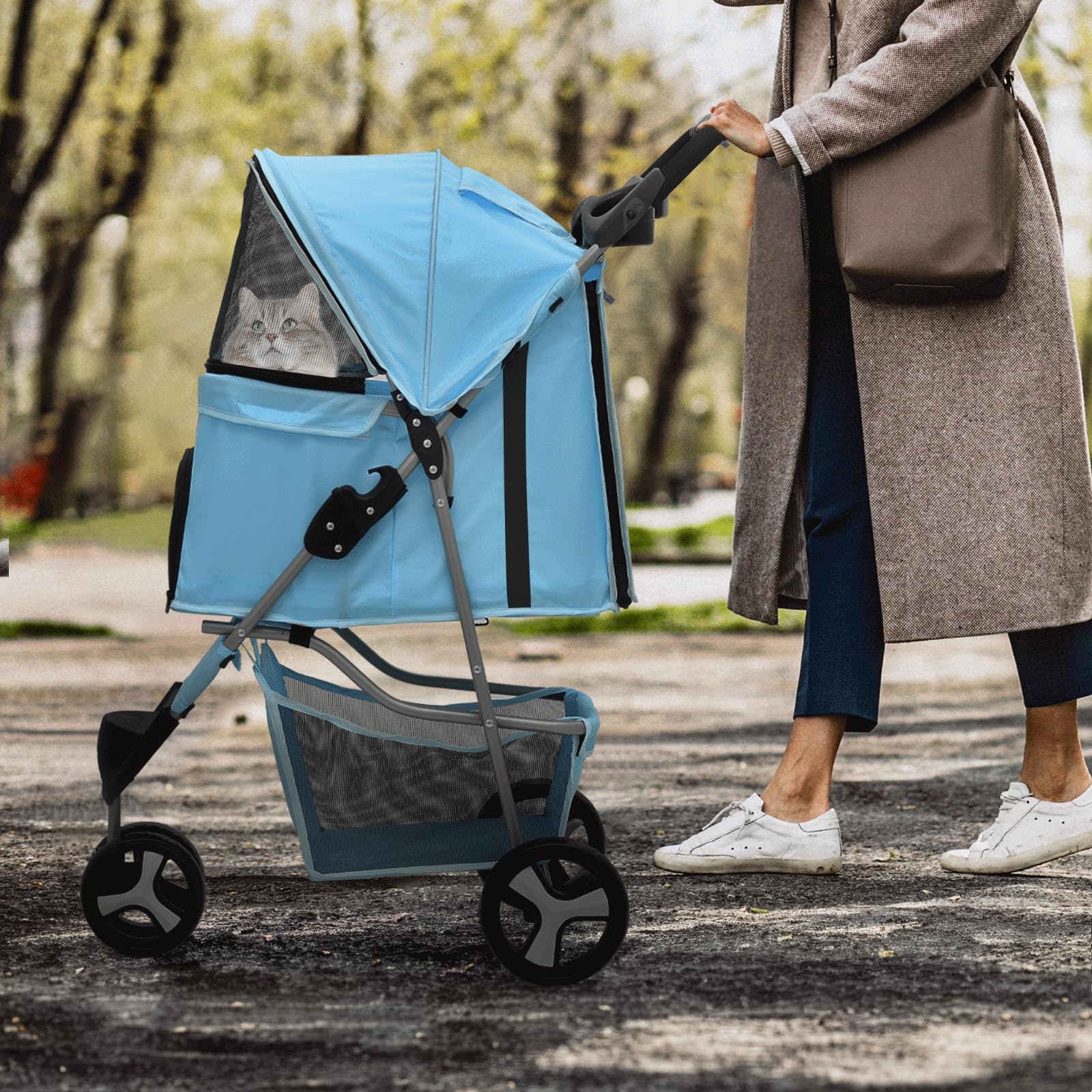 Monibloom 3 Wheels Pet Dog Cat Stroller For Small Medium Dogs Cats, Lightweight Foldable Jogger Stroller W/Storage Basket And Cu